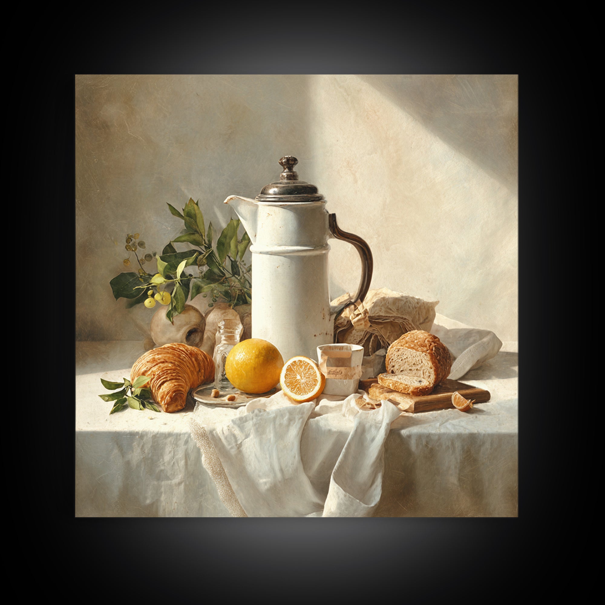 Coffee Pot and Croissant Morning Still Life Framed Canvas Print, Kitchen Art, Art Deco, Kitchen Decor, Fine Art, Kitchen, KIT-1x1-7