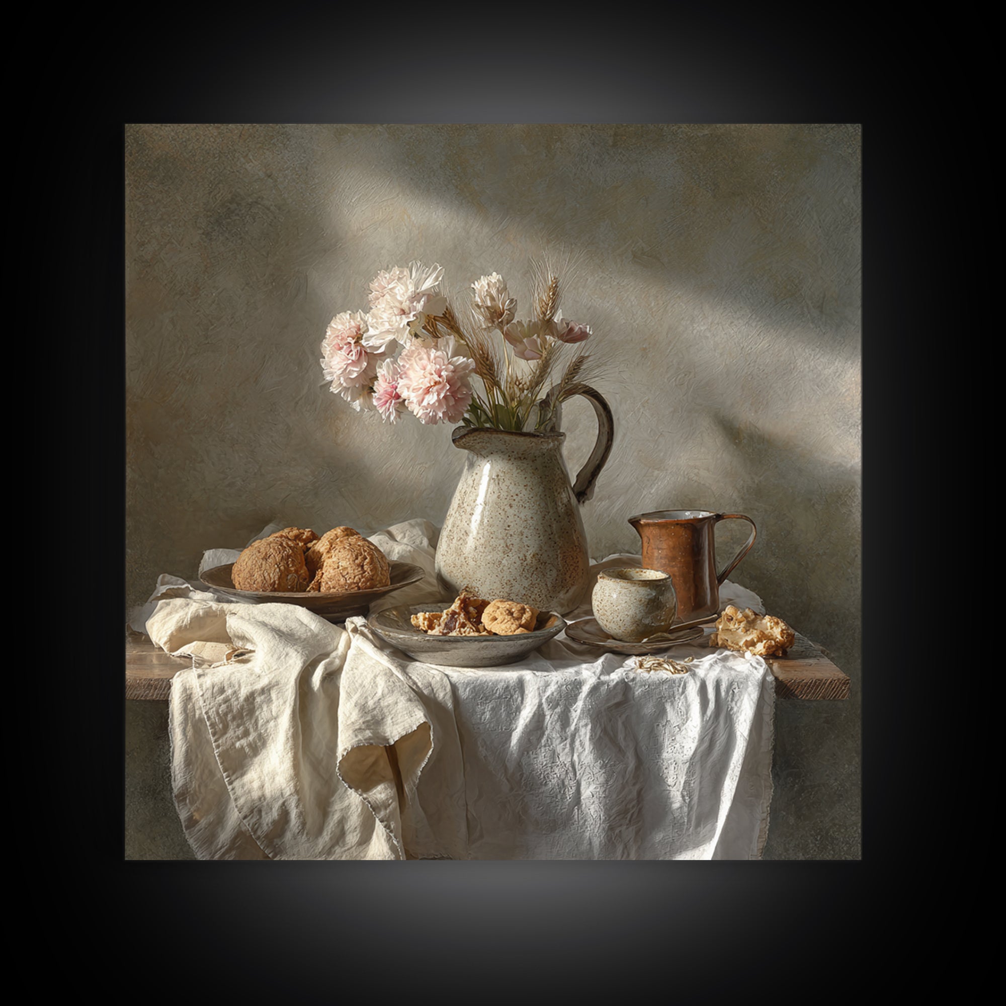 Floral Bouquet in a Kitchen Pitcher Framed Canvas Print, Kitchen Art, Dining Room Wall Art, Kitchen Decor, Fine Art, Kitchen, KIT-1x1-72