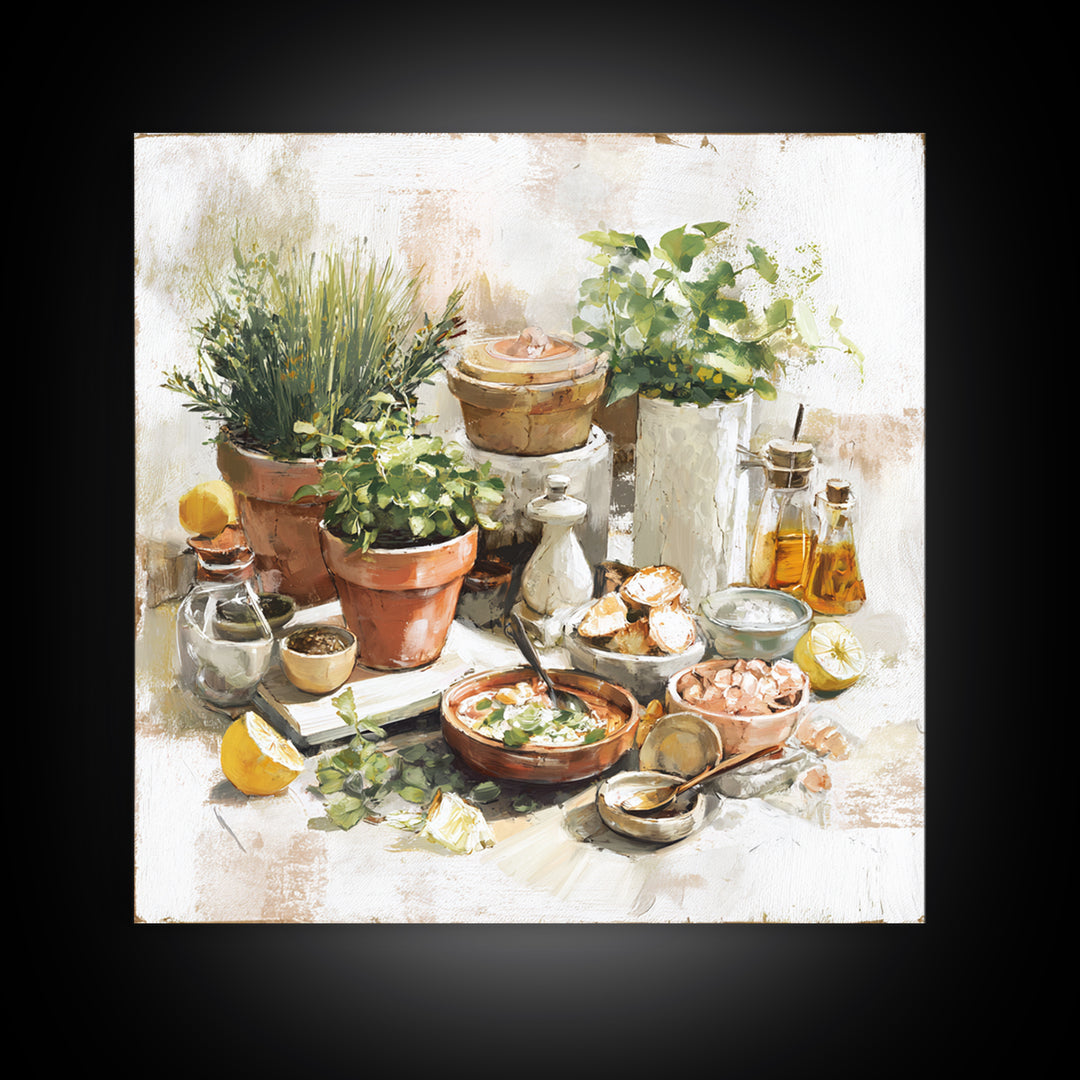 Fresh Herbs in Terracotta Pots Framed Canvas Print, Kitchen Art, Art Print, Kitchen Decor, Watercolor Art, Kitchen, Art Prints, KIT-1x1-73
