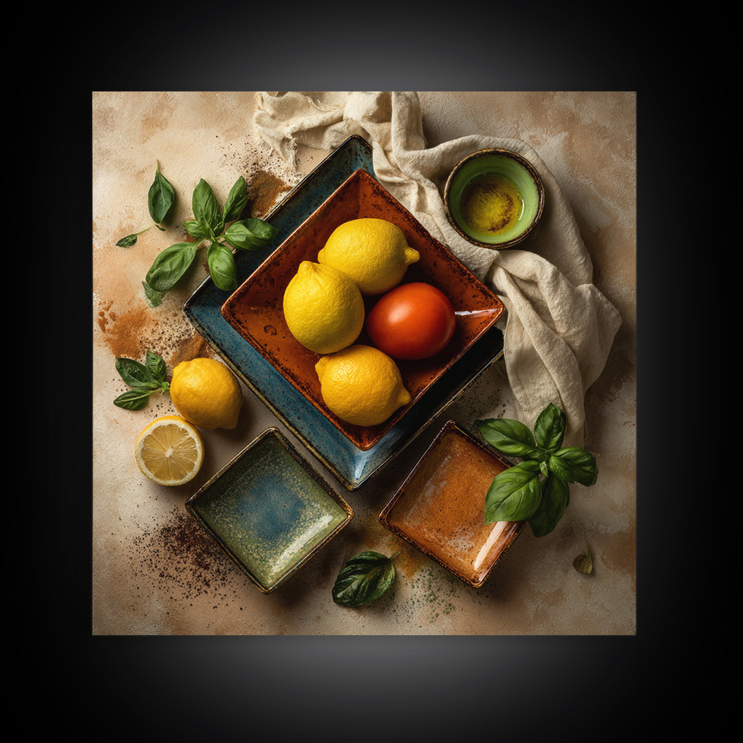 Lemons and Blue Ceramic Bowl Still Life Framed Canvas Print, Kitchen Art, Bar Cart Decor, Kitchen Decor, Fine Art, Kitchen, KIT-1x1-74