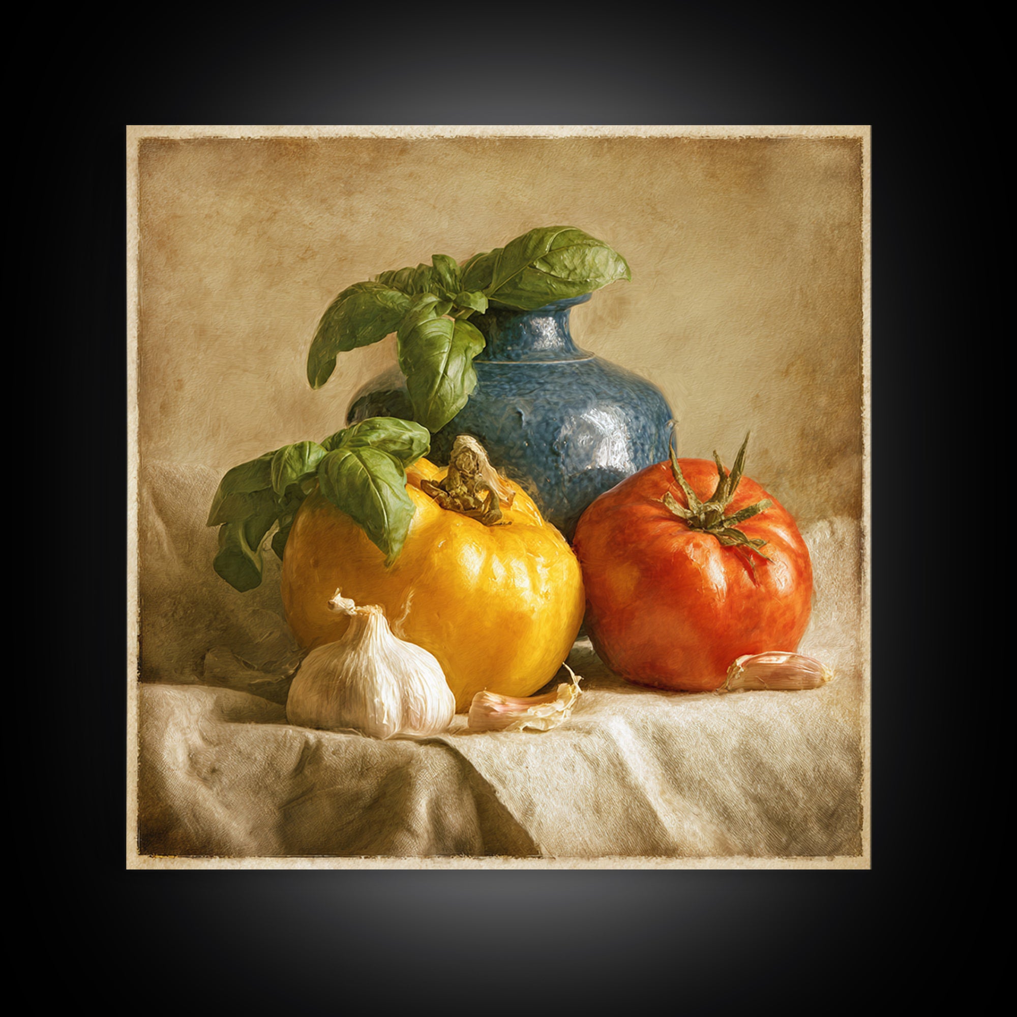 Tomatoes Garlic and Basil on Linen Canvas Print, Kitchen Art, Modern Decor, Kitchen Decor, Abstract Art, Kitchen, Home Decor, KIT-1x1-75