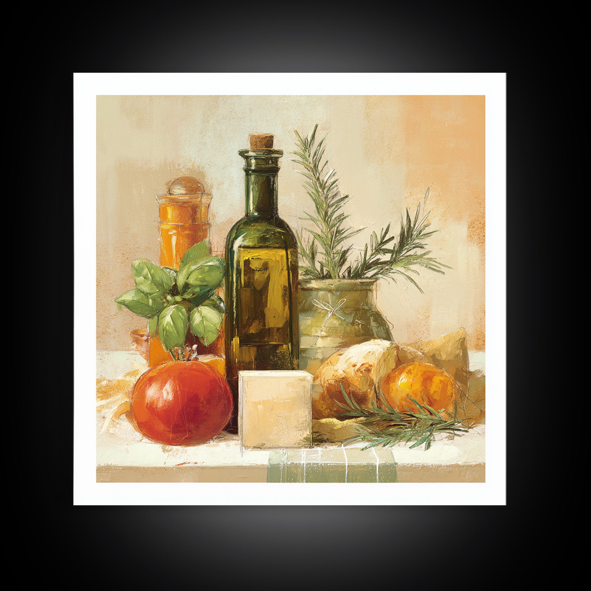 Olive Oil Bottle and Rosemary Branch Canvas Print, Kitchen Art, Room Decor, Kitchen Decor, Fine Art, Kitchen, Digital Art, KIT-1x1-77