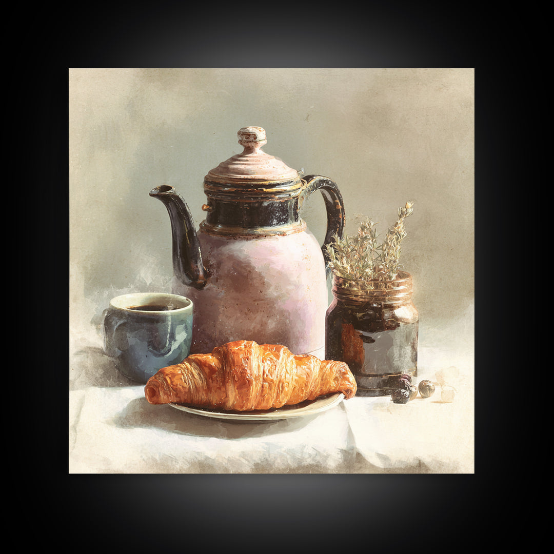Coffee Pot and Croissant Morning Still Life Framed Canvas Print, Kitchen Art, Fine Art Print, Kitchen Decor, Oil Painting, KIT-1x1-79