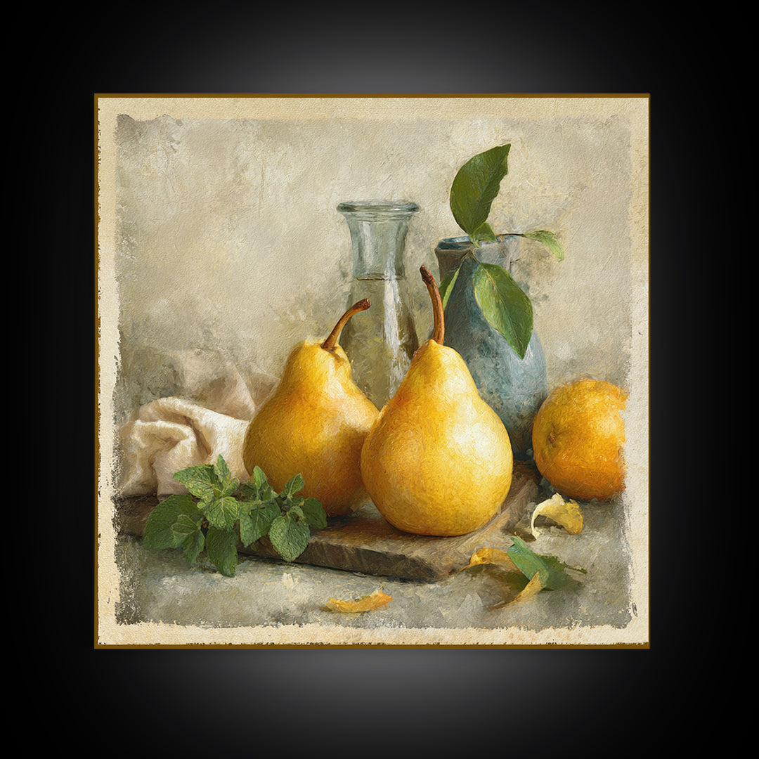 Farmhouse Pears on a Wooden Board Canvas Print, Kitchen Art, Textured Painting, Kitchen Decor, Fine Art, Kitchen, KIT-1x1-81