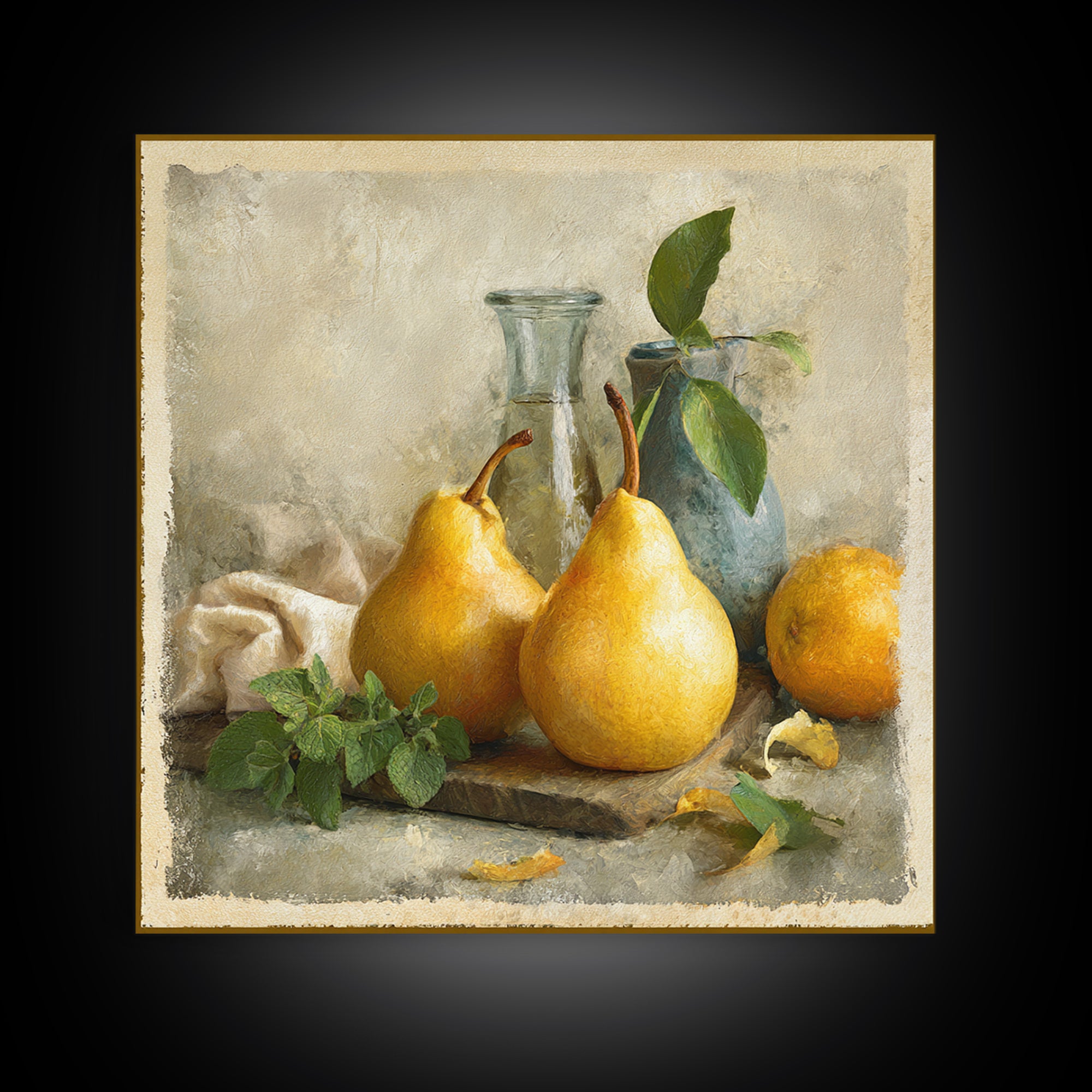 Farmhouse Pears on a Wooden Board Canvas Print, Kitchen Art, Textured Painting, Kitchen Decor, Fine Art, Kitchen, KIT-1x1-81