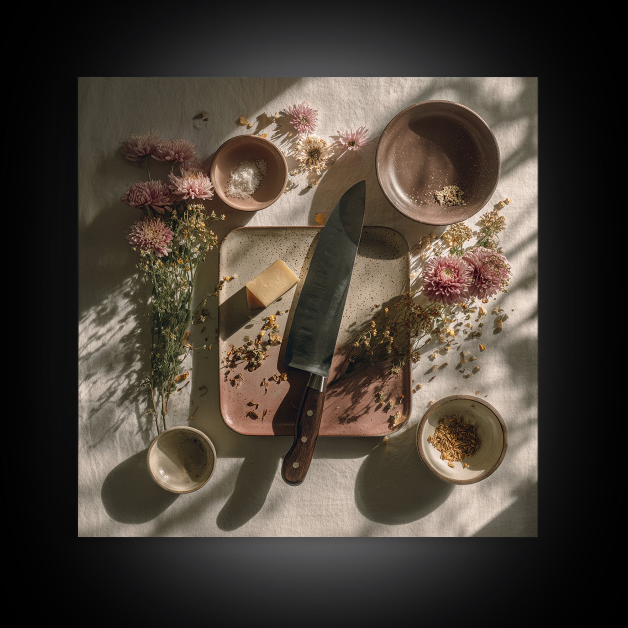 Chef Knives and Herbs Arranged as Graphic Canvas Print, Kitchen Art, Neutral Decor, Kitchen Decor, Oil Painting, Kitchen, KIT-1x1-82