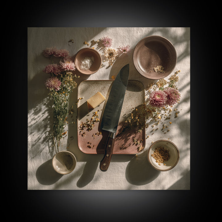Chef Knives and Herbs Arranged as Graphic Canvas Print, Kitchen Art, Neutral Decor, Kitchen Decor, Oil Painting, Kitchen, KIT-1x1-82