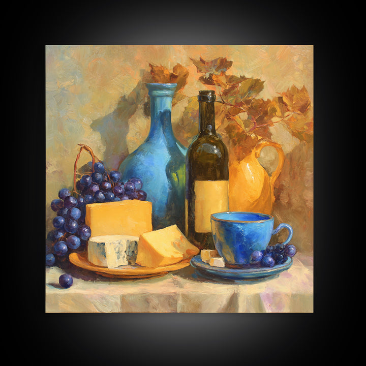 Wine Bottle Grapes and Cheese Still Life Framed Canvas Print, Kitchen Art, Kitchen Print, Kitchen Decor, Abstract Art, Kitchen, KIT-1x1-84