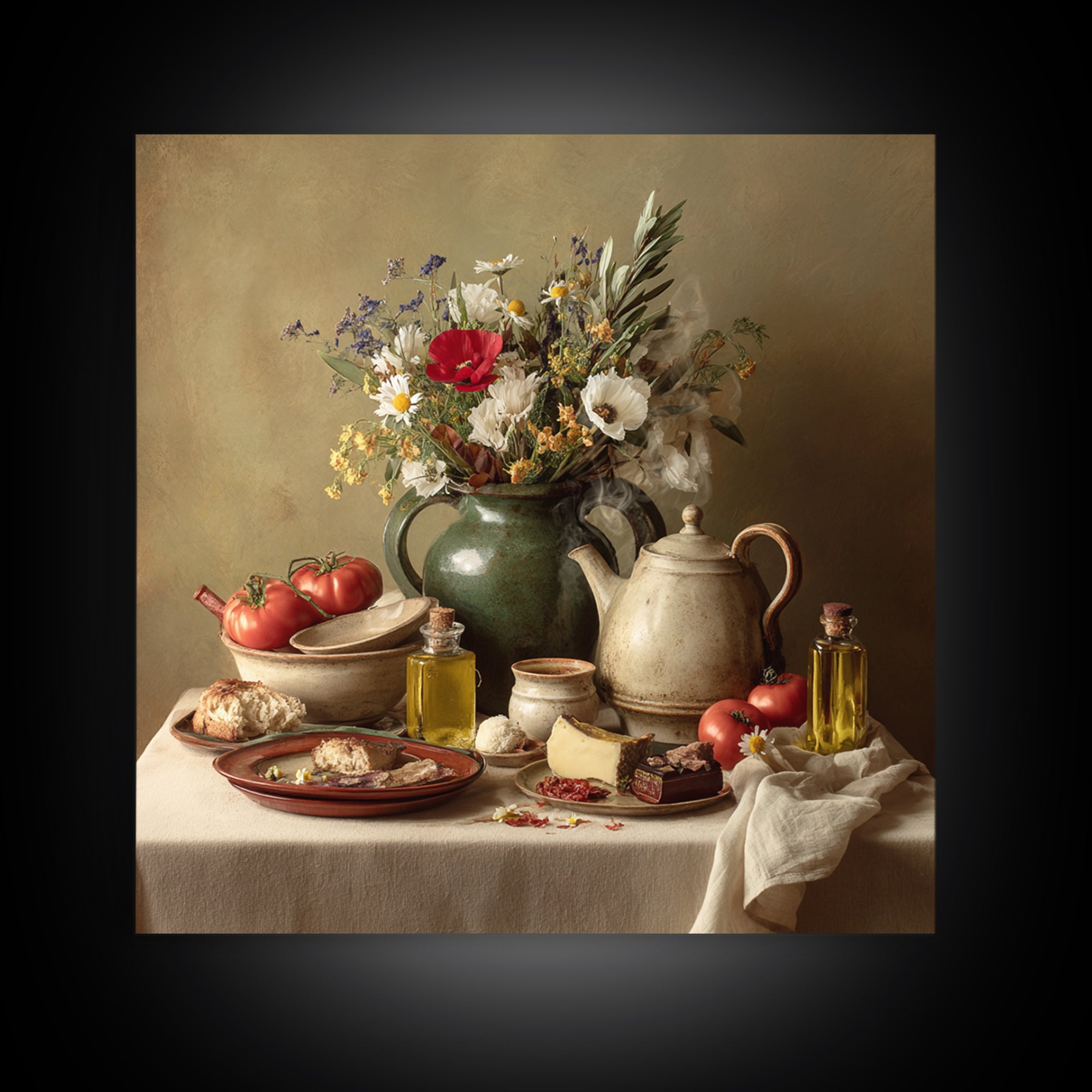 Tea Kettle with Steam and Wildflowers Canvas Print, Kitchen Art, Modern Decor, Kitchen Decor, Oil Painting, Kitchen, Home Decor, KIT-1x1-86