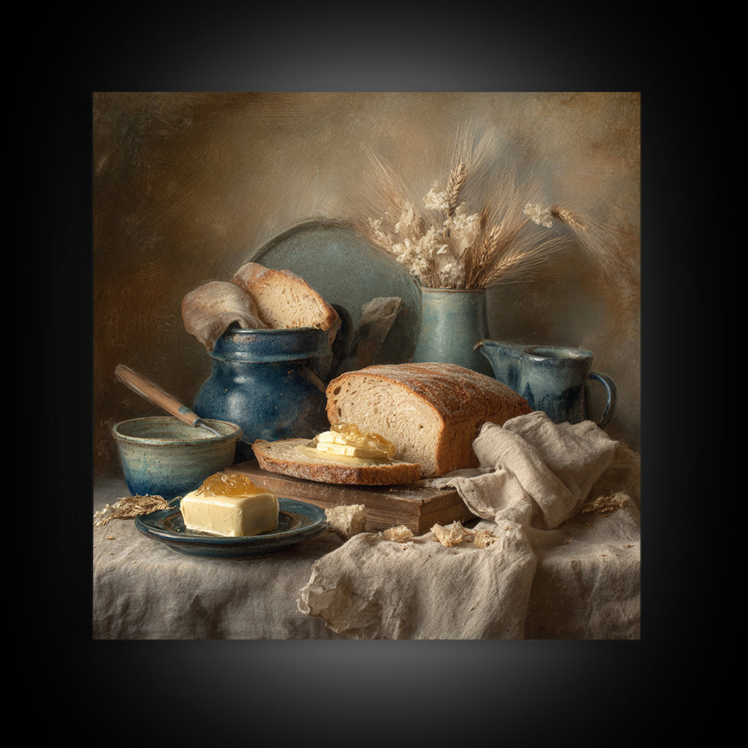 Fresh Bread with Butter and Honey Canvas Print, Kitchen Art, Coffee Print, Kitchen Decor, Fine Art, Kitchen, Textured Painting, KIT-1x1-90