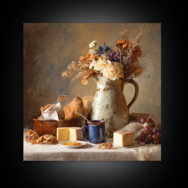 Floral Bouquet in a Kitchen Pitcher Framed Canvas Print, Kitchen Art, Wall Decor, Kitchen Decor, Kitchen, Kitchen Wall Decor, KIT-1x1-96