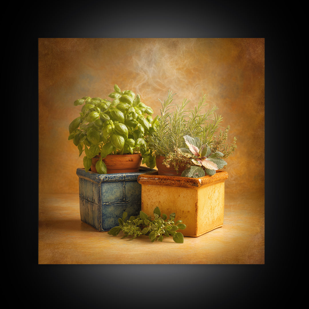 Fresh Herbs in Terracotta Pots Canvas Print, Kitchen Art, Wall Art, Kitchen Decor, Oil Painting, Kitchen, Kitchen Wall Art, KIT-1x1-97