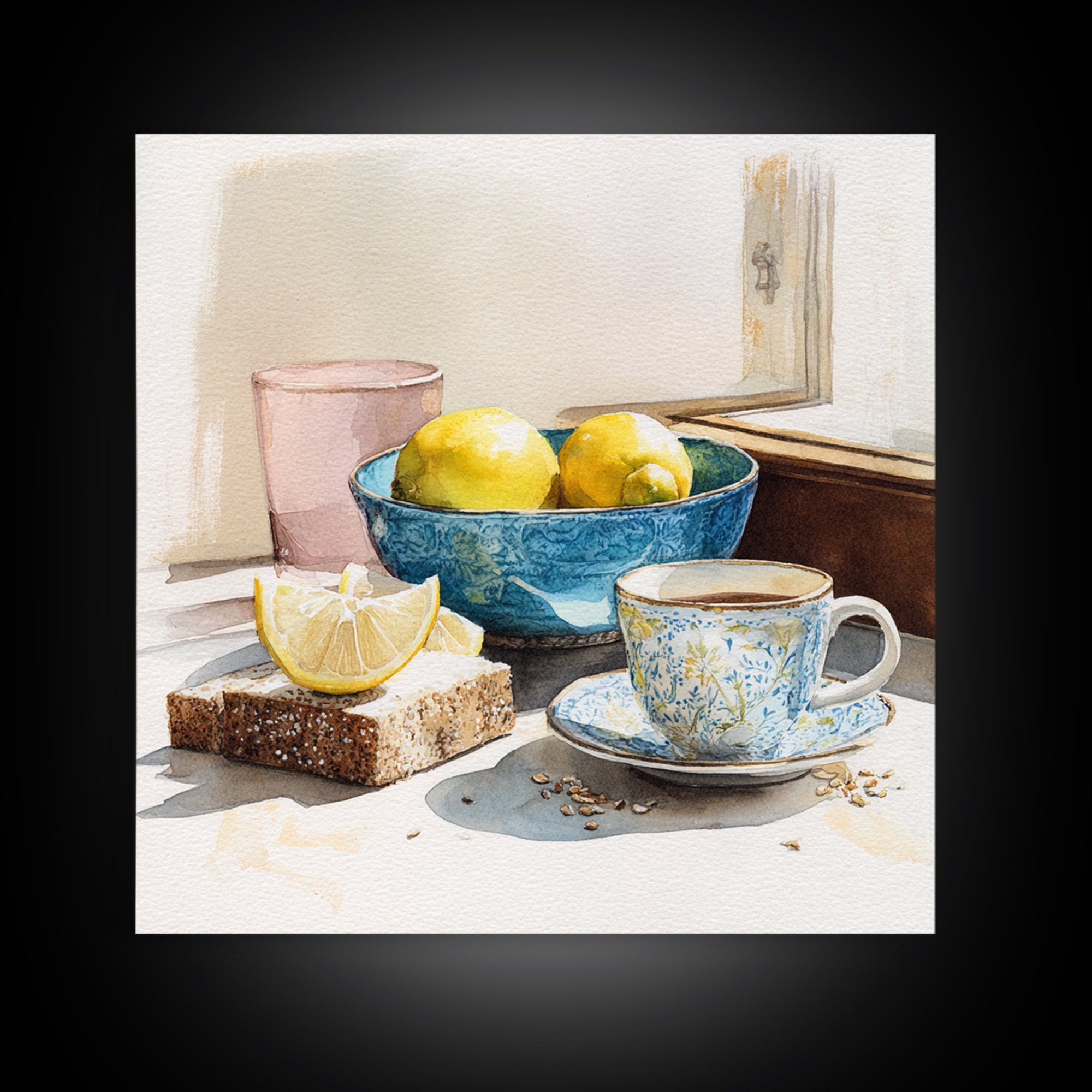 Lemons and Blue Ceramic Bowl Still Life Canvas Print, Kitchen Art, Boho Decor, Kitchen Decor, Fine Art, Kitchen, Wall Decor, KIT-1x1-98