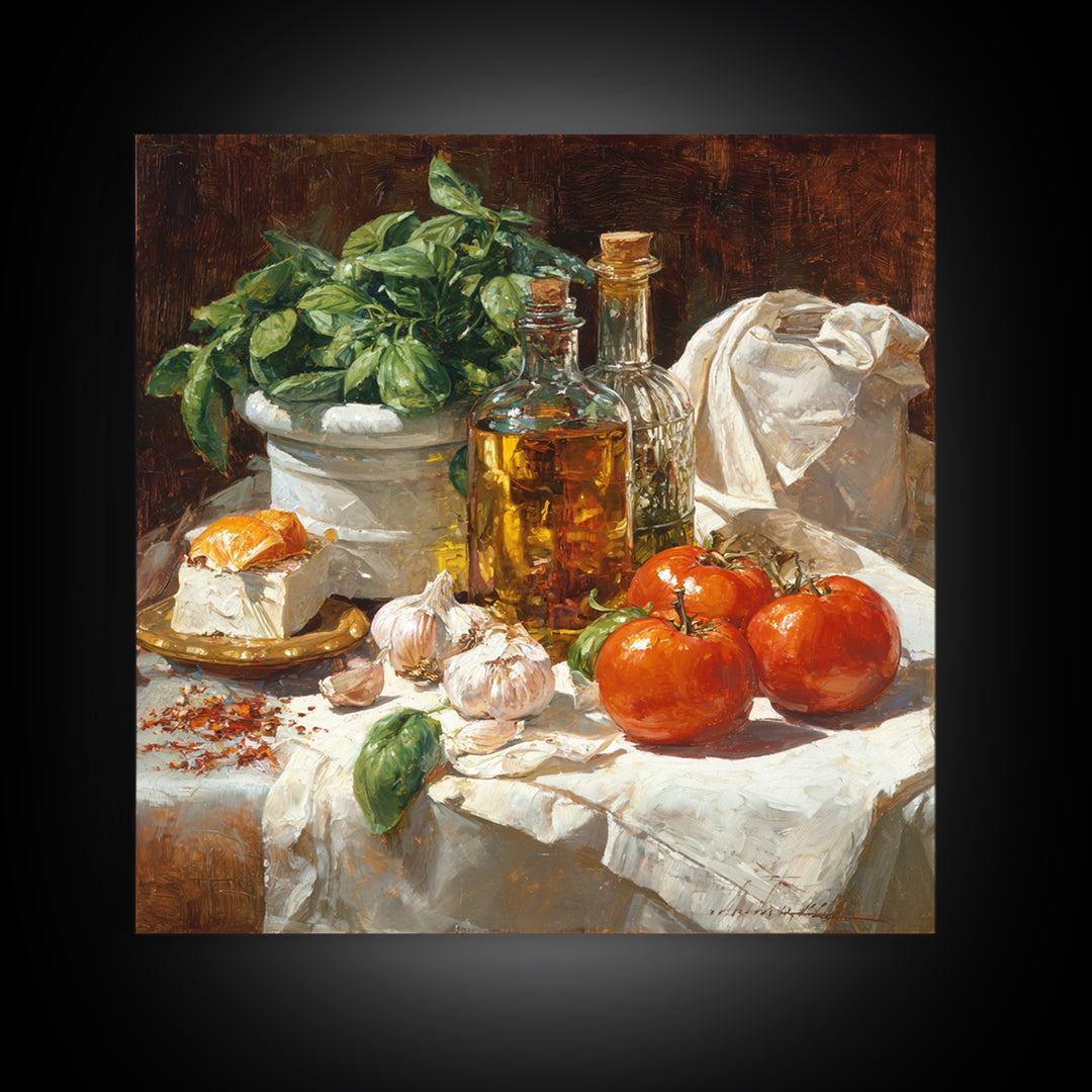Tomatoes Garlic and Basil on Linen Canvas Print, Kitchen Art, Wall Art, Kitchen Decor, Fine Art, Kitchen, Kitchen Wall Art, KIT-1x1-99