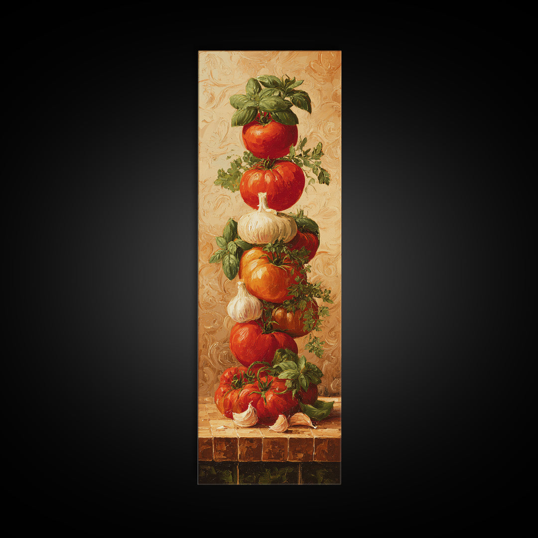 Tomatoes Garlic and Basil on Linen Framed Canvas Print, Kitchen Art, Home Decor, Kitchen Decor, Fine Art, Kitchen, KIT-1x3-15