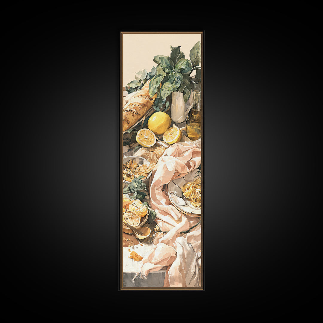 Pasta Lemons and Basil Mediterranean Still Life Framed Canvas Print, Kitchen Art, Modern Decor, Kitchen Decor, Kitchen, KIT-1x3-29