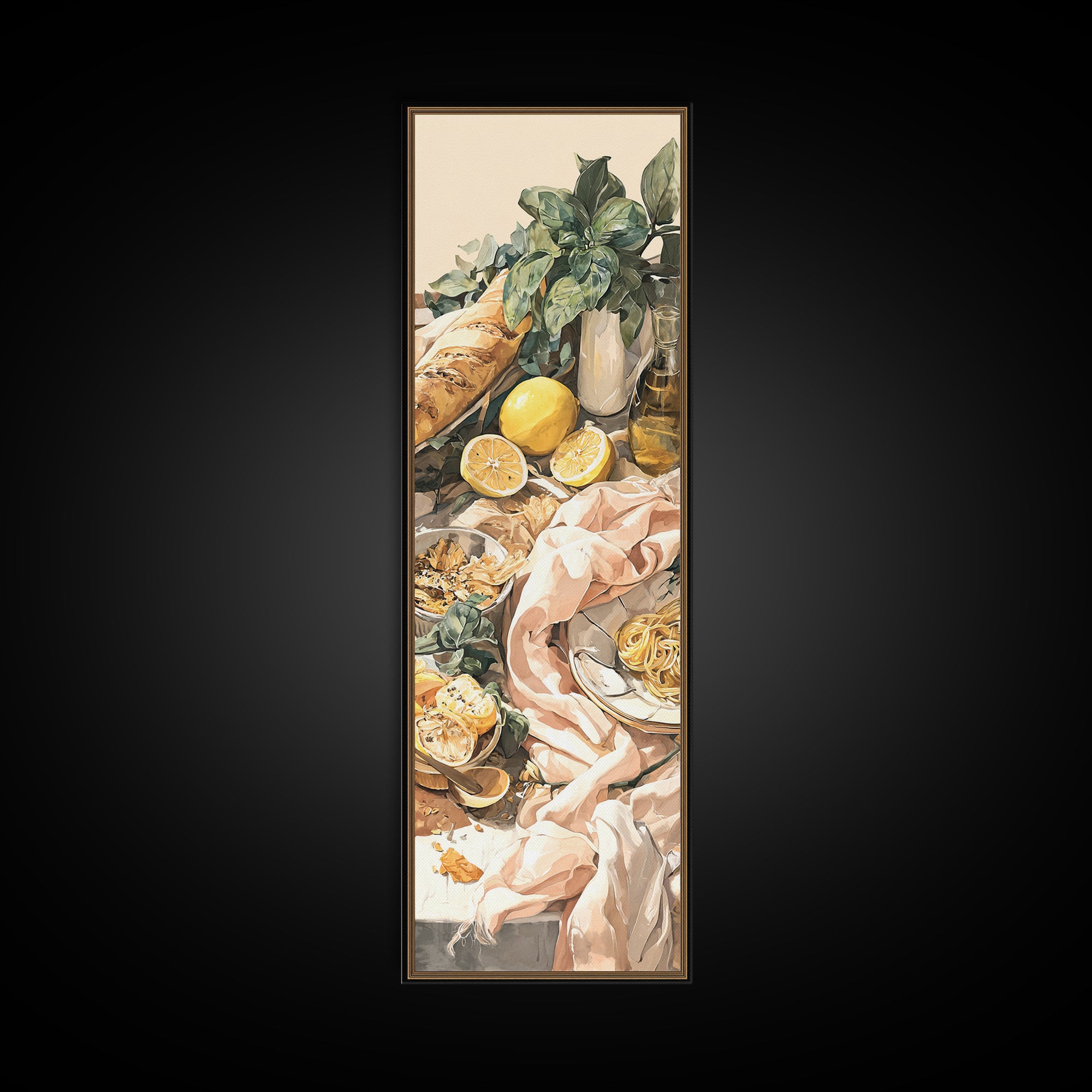 Pasta Lemons and Basil Mediterranean Still Life Framed Canvas Print, Kitchen Art, Modern Decor, Kitchen Decor, Kitchen, KIT-1x3-29