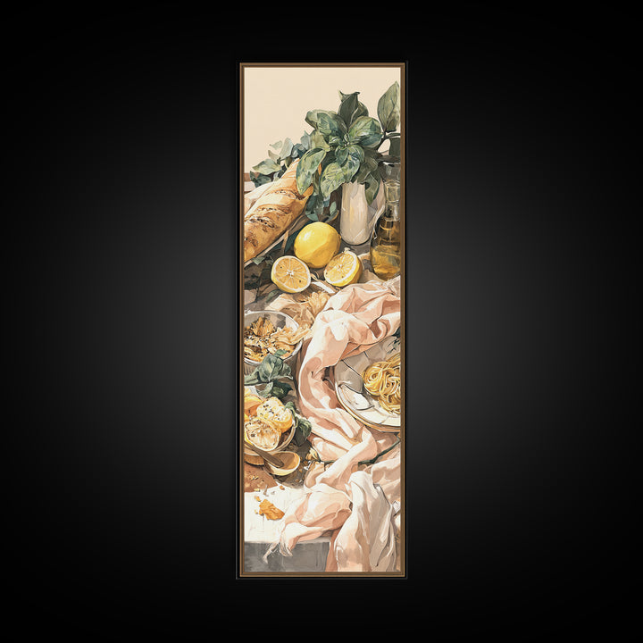 Pasta Lemons and Basil Mediterranean Still Life Framed Canvas Print, Kitchen Art, Modern Decor, Kitchen Decor, Kitchen, KIT-1x3-29