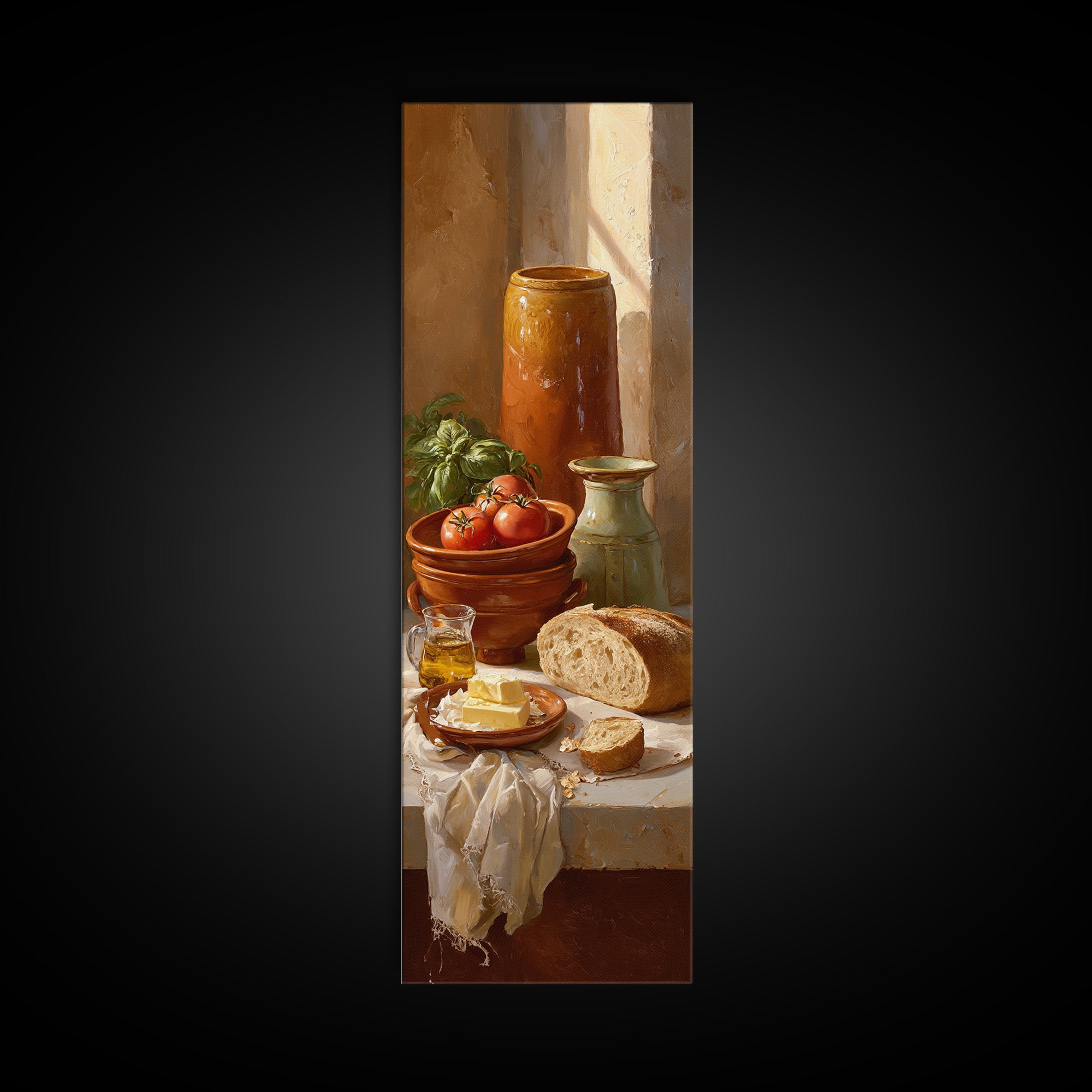 Fresh Bread with Butter and Honey Framed Canvas Print, Kitchen Art, Trendy Wall Art, Kitchen Decor, Oil Painting, Kitchen, KIT-1x3-30
