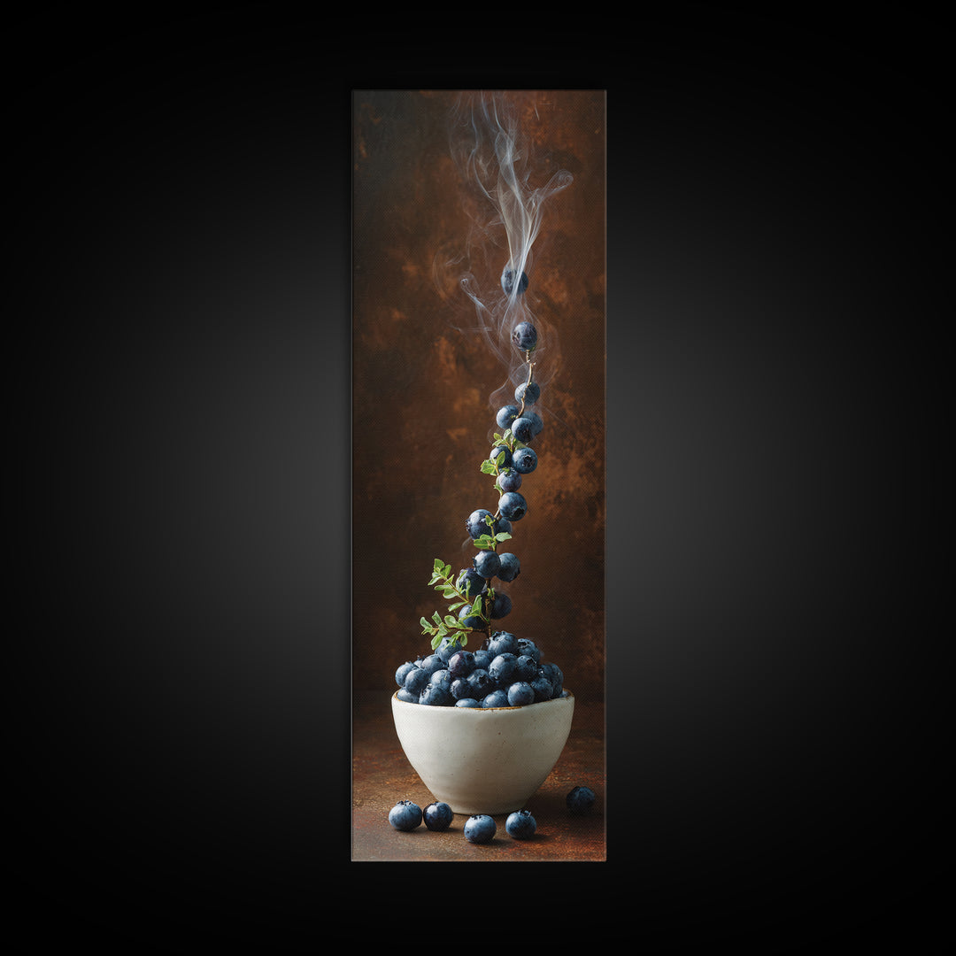 Blueberries in a White Bowl Framed Canvas Print, Kitchen Art, Prints, Kitchen Decor, Watercolor Art, Kitchen, KIT-1x3-31