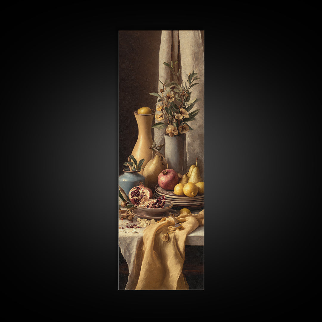 Figs Pomegranates and Linen Composition Framed Canvas Print, Kitchen Art, Dining Room Wall Art, Kitchen Decor, Abstract Art, KIT-1x3-34