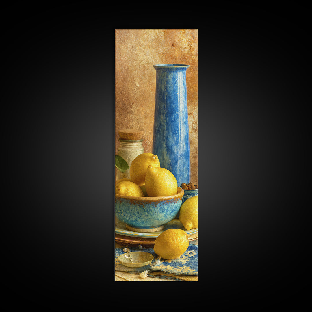 Lemons and Blue Ceramic Bowl Still Life Canvas Print, Kitchen Art, Kitchen Print, Kitchen Decor, Fine Art, Kitchen, Art Print, KIT-1x3-38