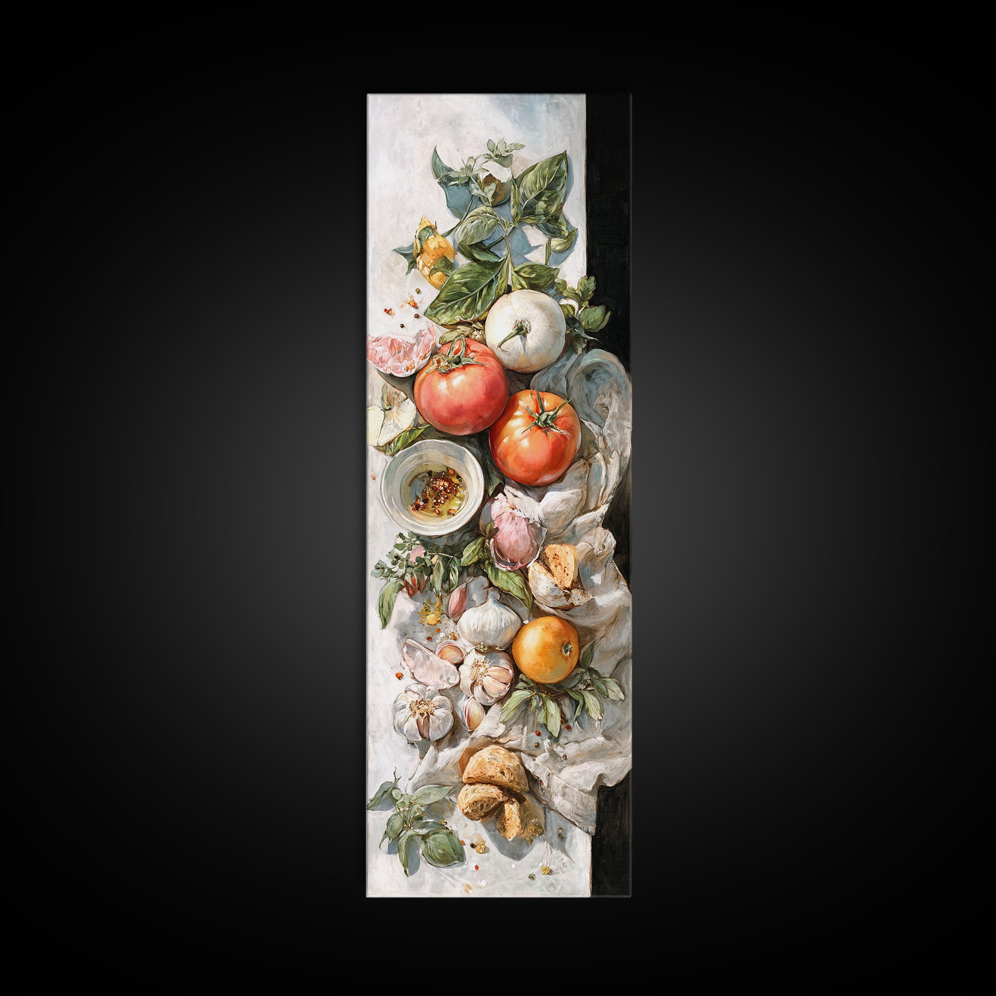 Tomatoes Garlic and Basil on Linen Canvas Print, Kitchen Art, Art Prints, Kitchen Decor, Fine Art, Kitchen, Modern Art, KIT-1x3-39