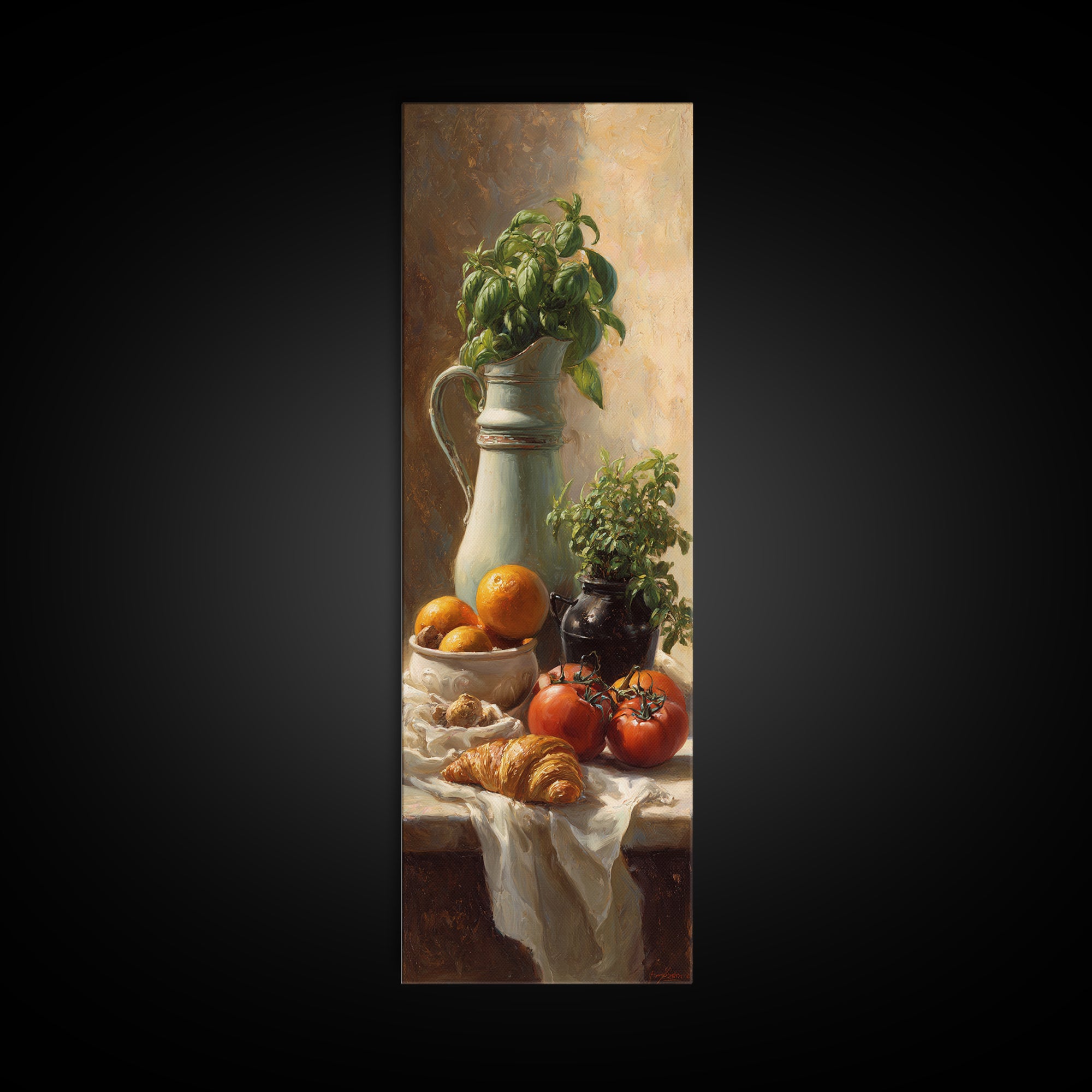 Coffee Pot and Croissant Morning Still Life Canvas Print, Kitchen Art, Digital Art, Kitchen Decor, Fine Art, Kitchen, KIT-1x3-43