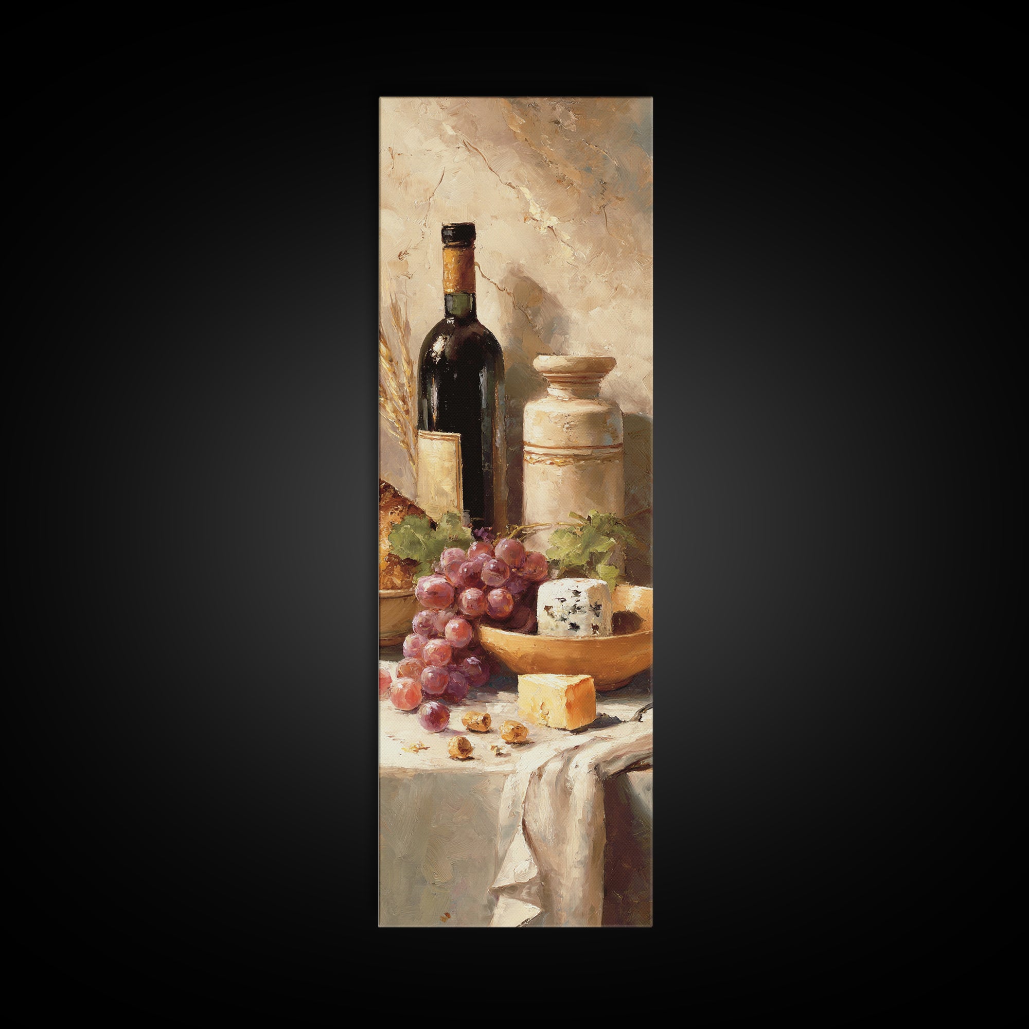 Wine Bottle Grapes and Cheese Still Life Canvas Print, Kitchen Art, Wall Art, Kitchen Decor, Watercolor Art, Kitchen, KIT-1x3-48