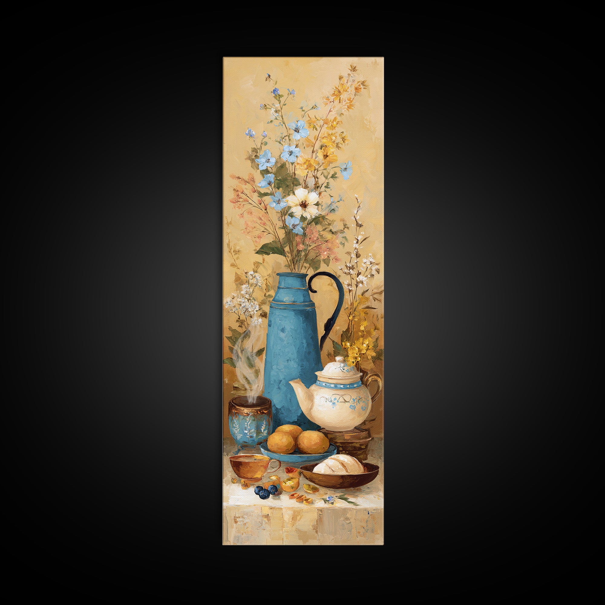 Tea Kettle with Steam and Wildflowers Framed Canvas Print, Kitchen Art, Kitchen Art Print, Kitchen Decor, Watercolor Art, KIT-1x3-50