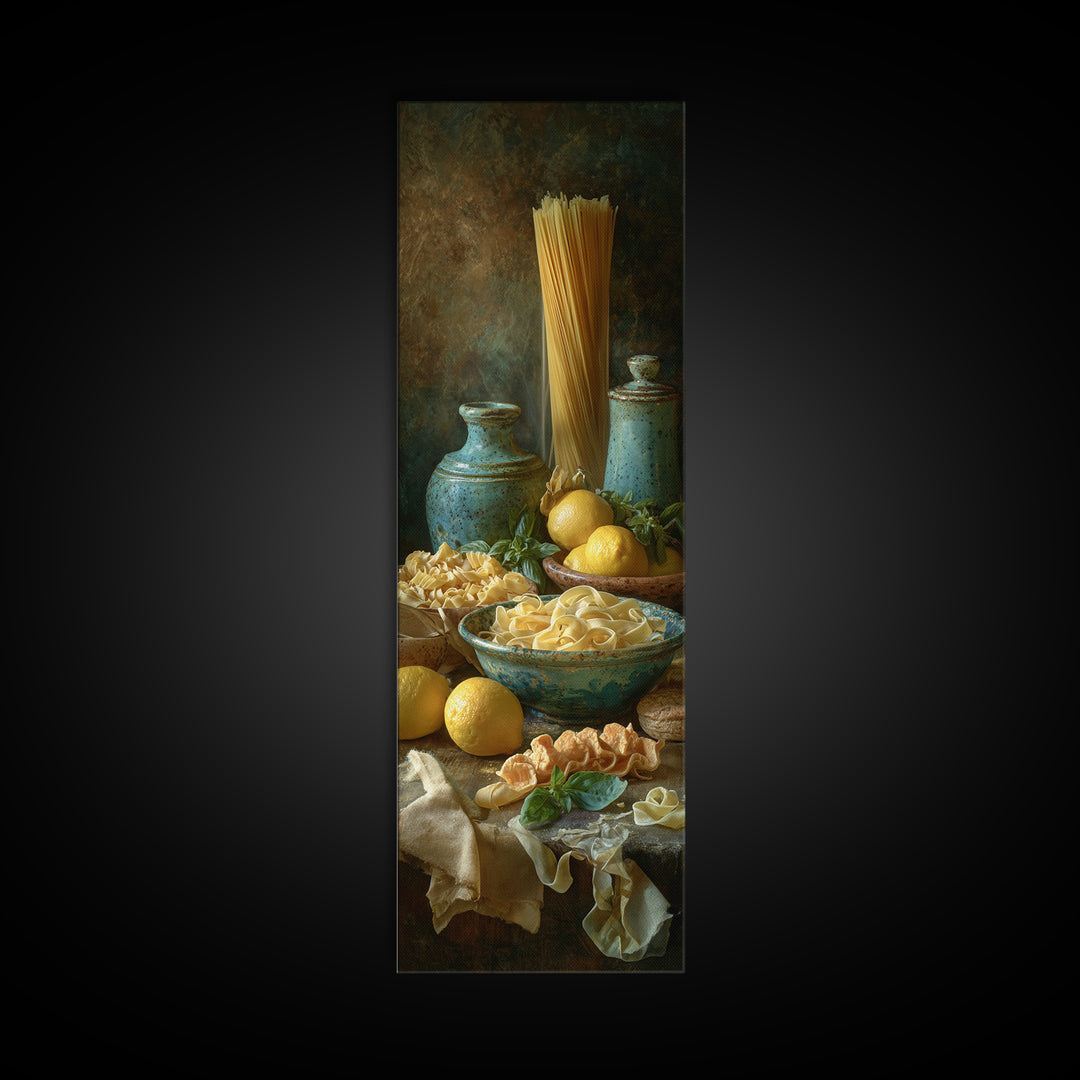 Pasta Lemons and Basil Mediterranean Still Life Framed Canvas Print, Kitchen Art, Modern Decor, Kitchen Decor, Kitchen, KIT-1x3-53