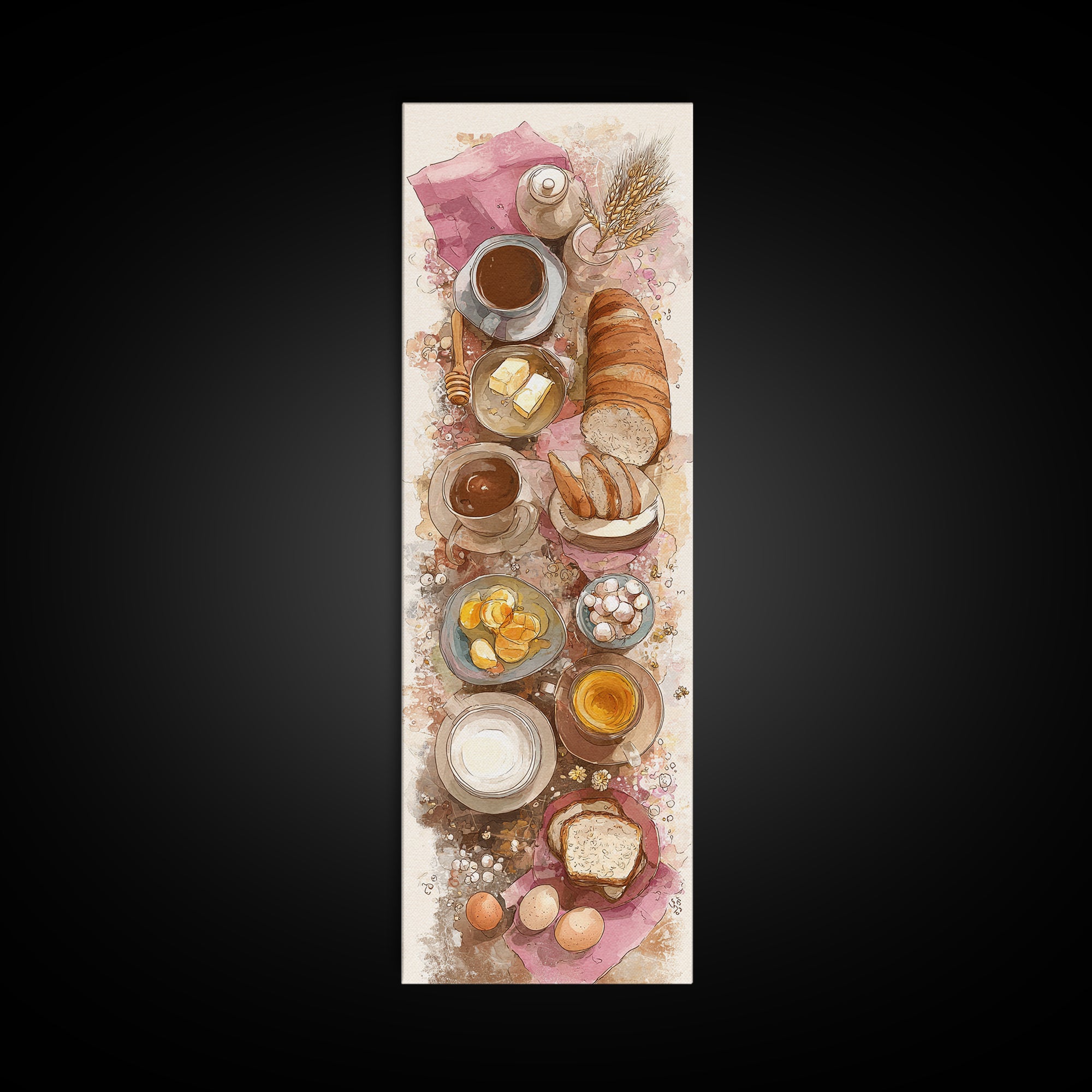 Fresh Bread with Butter and Honey Framed Canvas Print, Kitchen Art, Trendy Wall Art, Kitchen Decor, Oil Painting, Kitchen, KIT-1x3-54