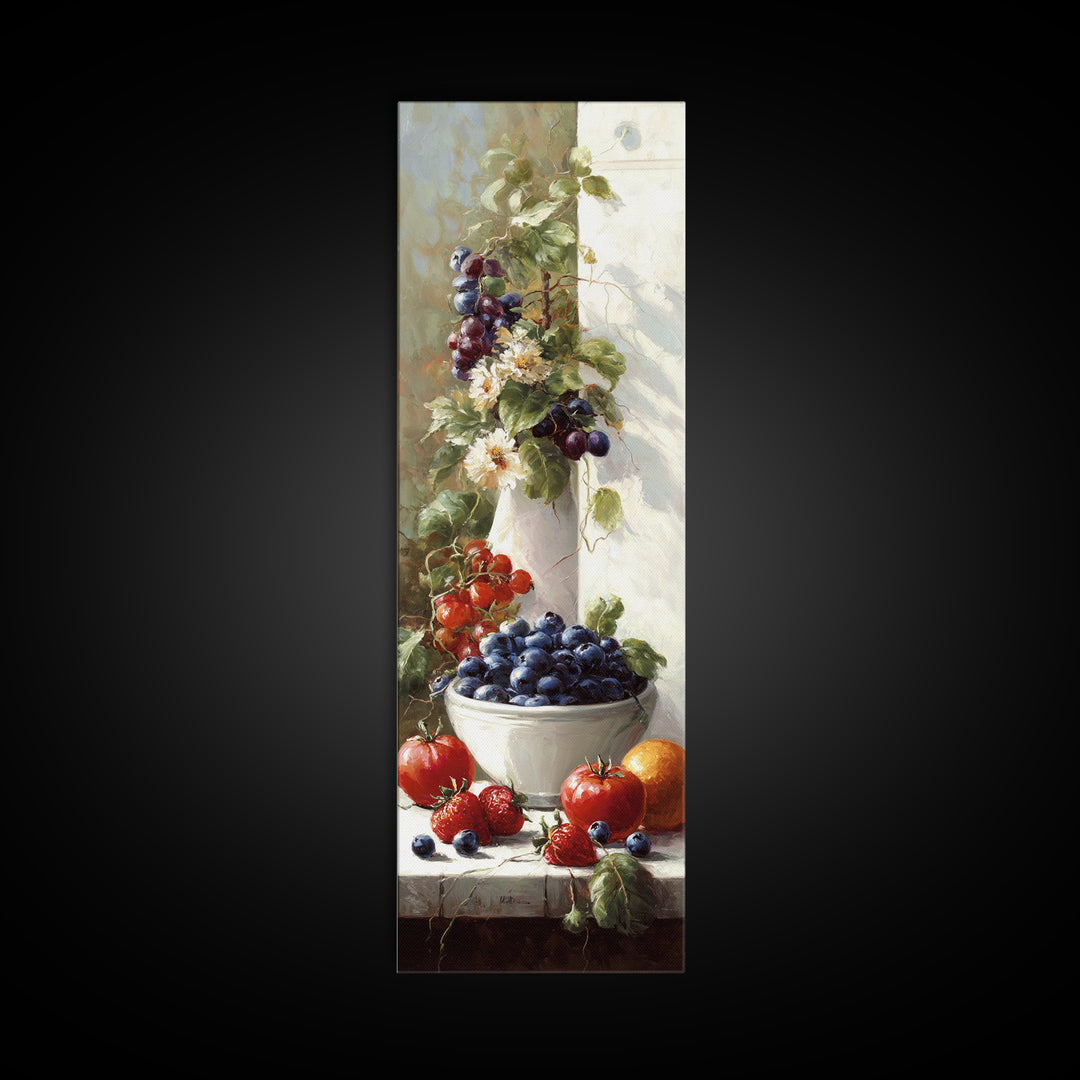 Blueberries in a White Bowl Canvas Print, Kitchen Art, Art Deco, Kitchen Decor, Oil Painting, Kitchen, Poster Art, KIT-1x3-55