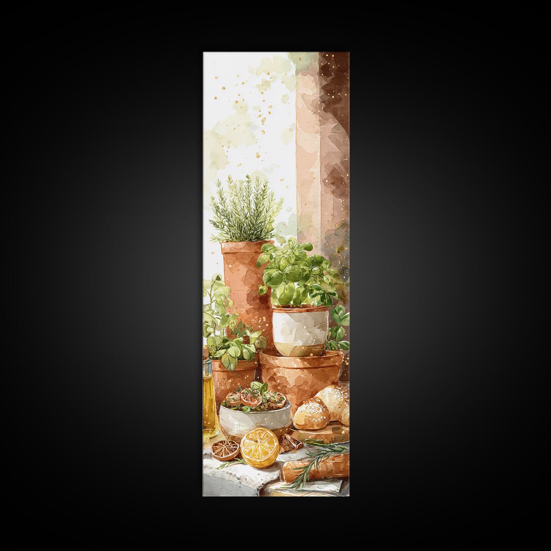 Fresh Herbs in Terracotta Pots Framed Canvas Print, Kitchen Art, Textured Painting, Kitchen Decor, Fine Art, Kitchen, KIT-1x3-61