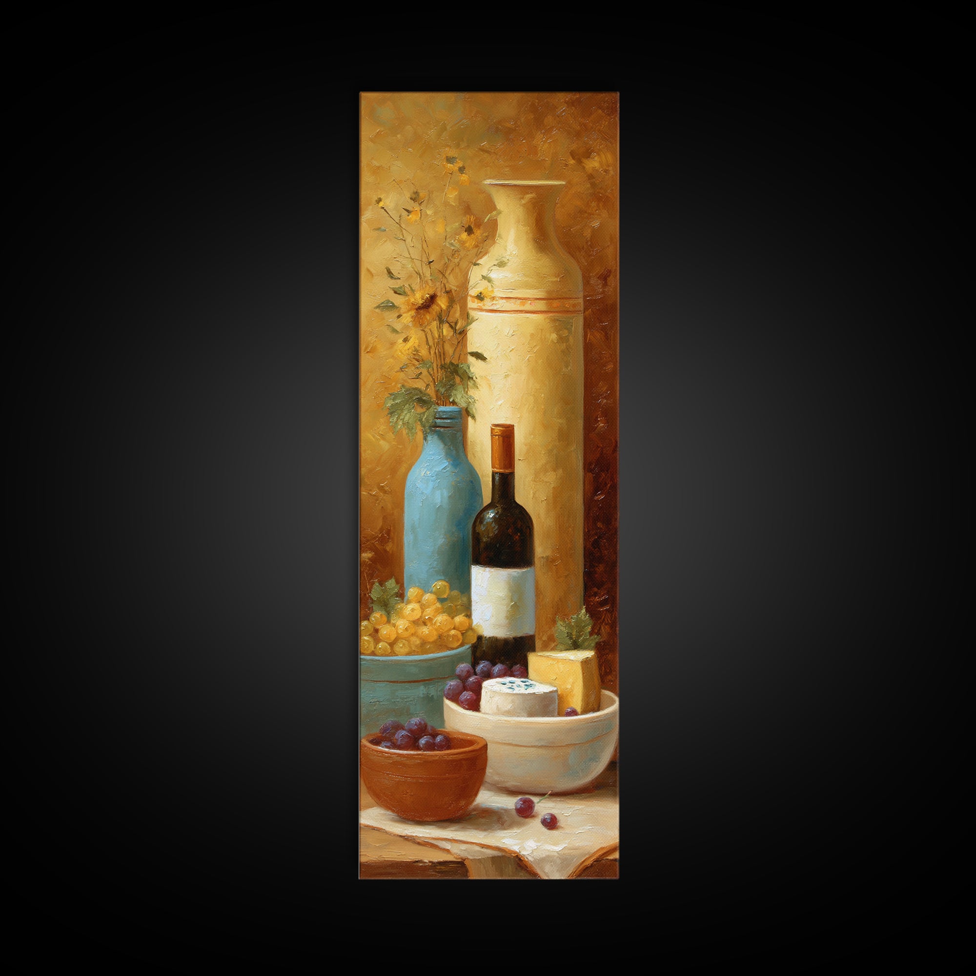 Wine Bottle Grapes and Cheese Still Life Canvas Print, Kitchen Art, Kitchen Decor, Fine Art, Kitchen, Trendy Wall Art, KIT-1x3-72