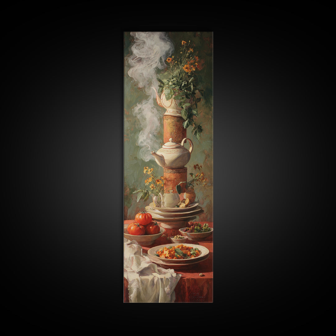 Tea Kettle with Steam and Wildflowers Framed Canvas Print, Kitchen Art, Kitchen Art Print, Kitchen Decor, Watercolor Art, KIT-1x3-74