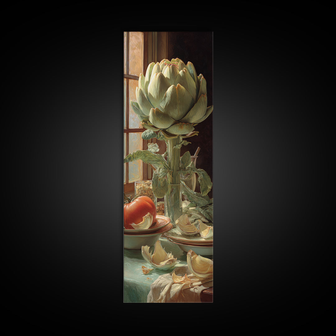 Artichoke Closeup in Painterly Green Tones Framed Canvas Print, Kitchen Art, Statement Artwork, Kitchen Decor, Kitchen, KIT-1x3-8