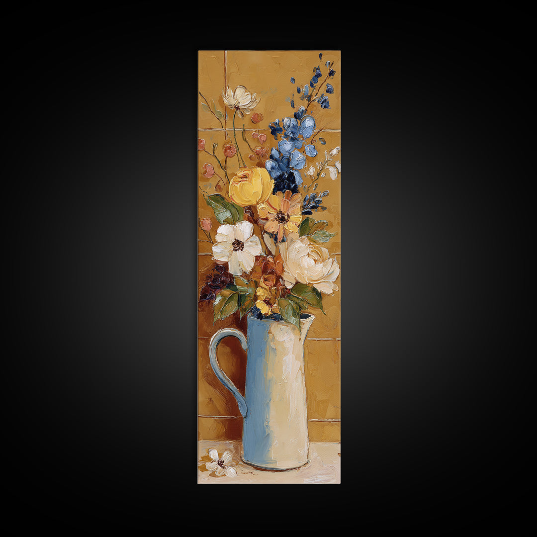 Floral Bouquet in a Kitchen Pitcher Framed Canvas Print, Kitchen Art, Printable Wall Art, Kitchen Decor, Oil Painting, Kitchen, KIT-1x3-84