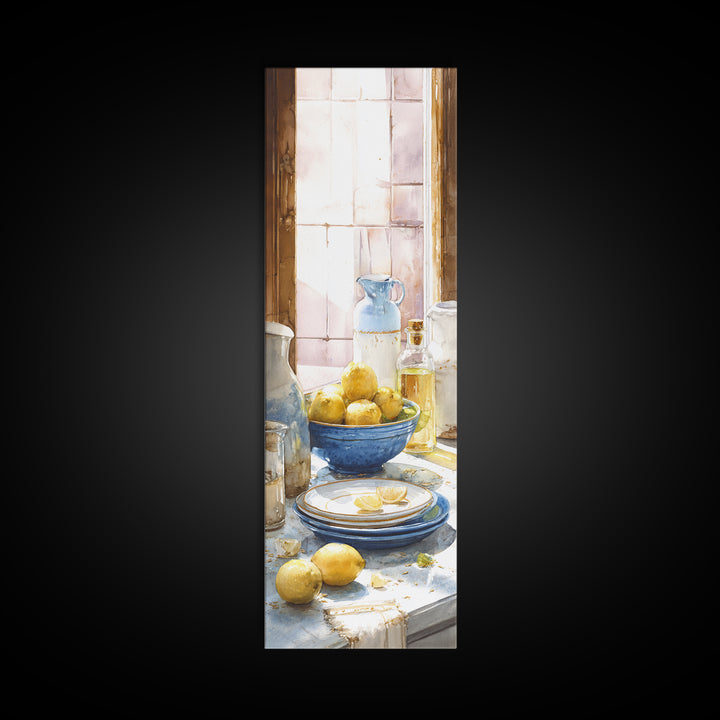 Lemons and Blue Ceramic Bowl Still Life Canvas Print, Kitchen Art, Luxury Decor, Kitchen Decor, Fine Art, Kitchen, Art Prints, KIT-1x3-86
