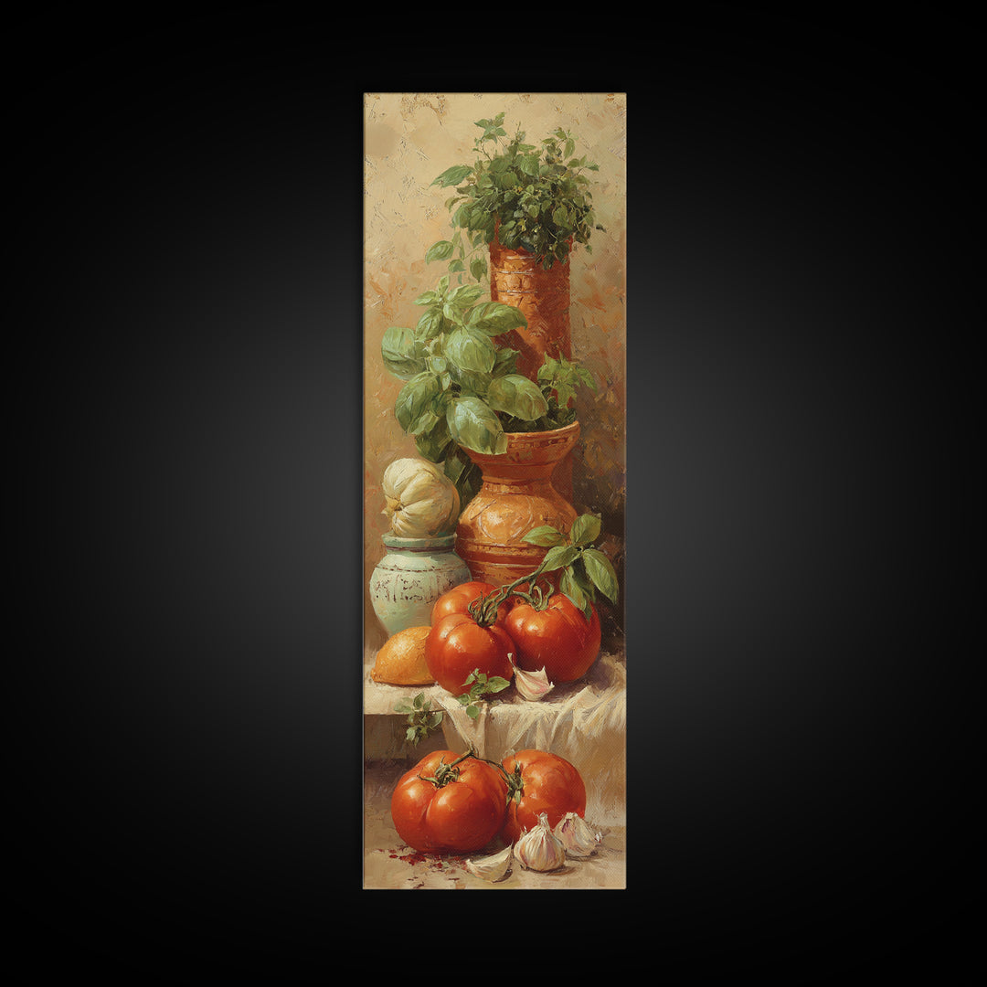 Tomatoes Garlic and Basil on Linen Framed Canvas Print, Kitchen Art, Trendy Wall Art, Kitchen Decor, Abstract Art, Kitchen, KIT-1x3-87