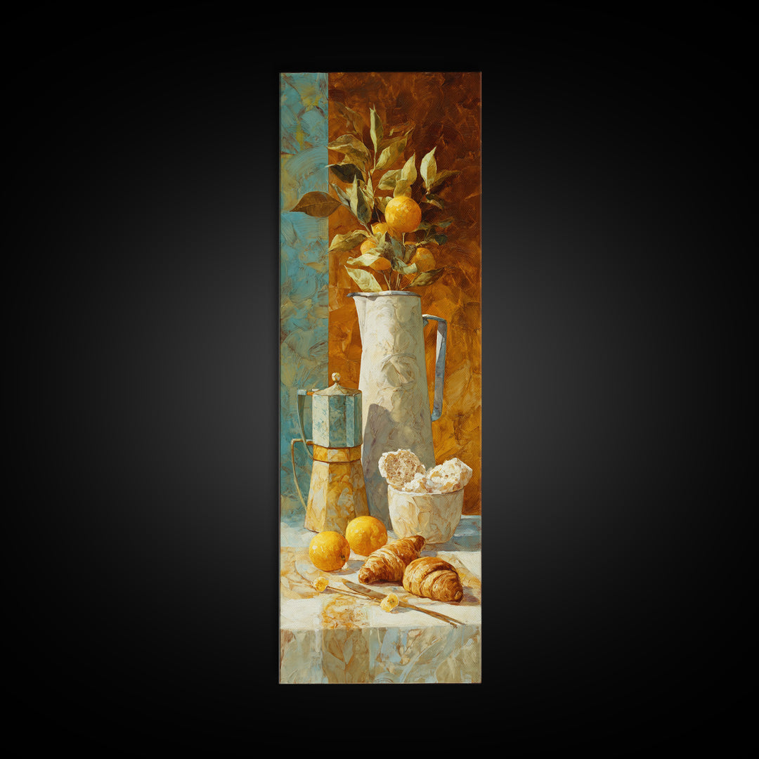 Coffee Pot and Croissant Morning Still Life Framed Canvas Print, Kitchen Art, Dining Room Wall Art, Kitchen Decor, Oil Painting, KIT-1x3-91