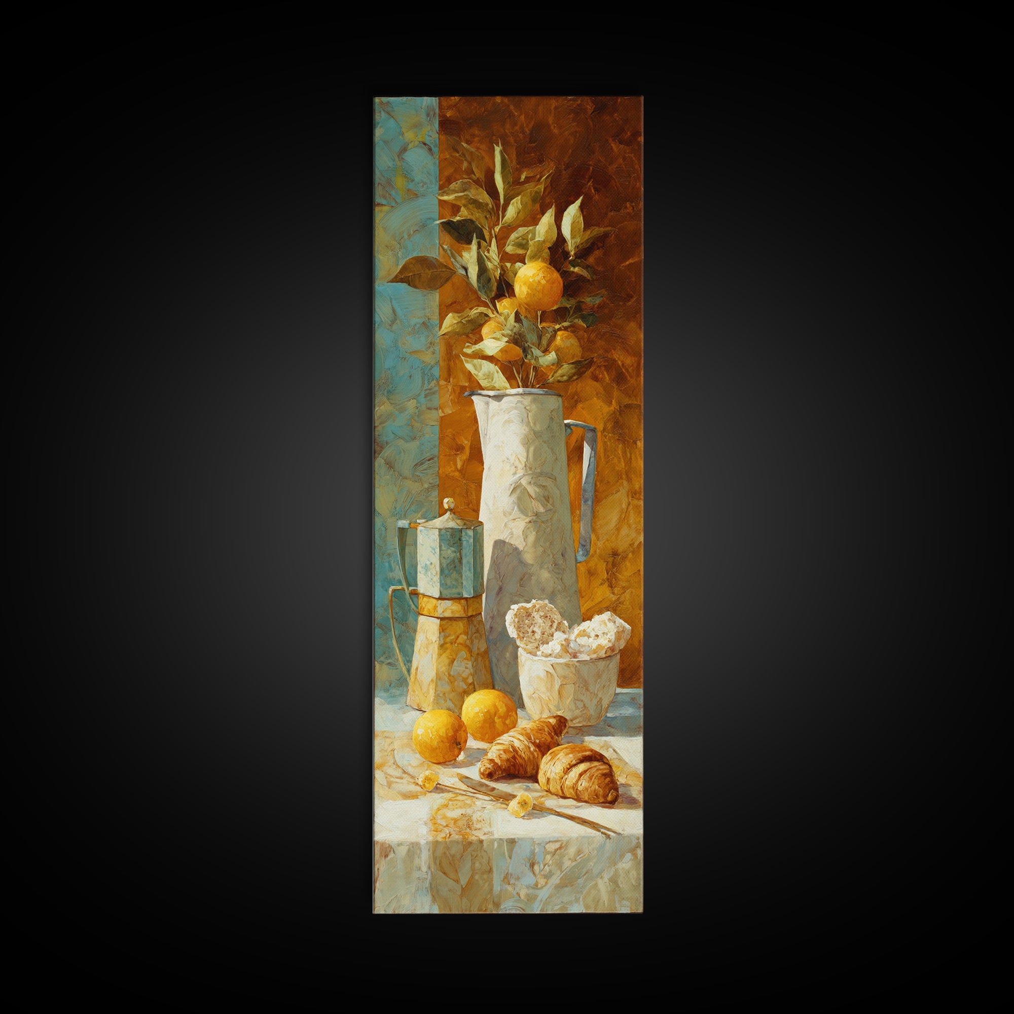 Coffee Pot and Croissant Morning Still Life Framed Canvas Print, Kitchen Art, Dining Room Wall Art, Kitchen Decor, Oil Painting, KIT-1x3-91