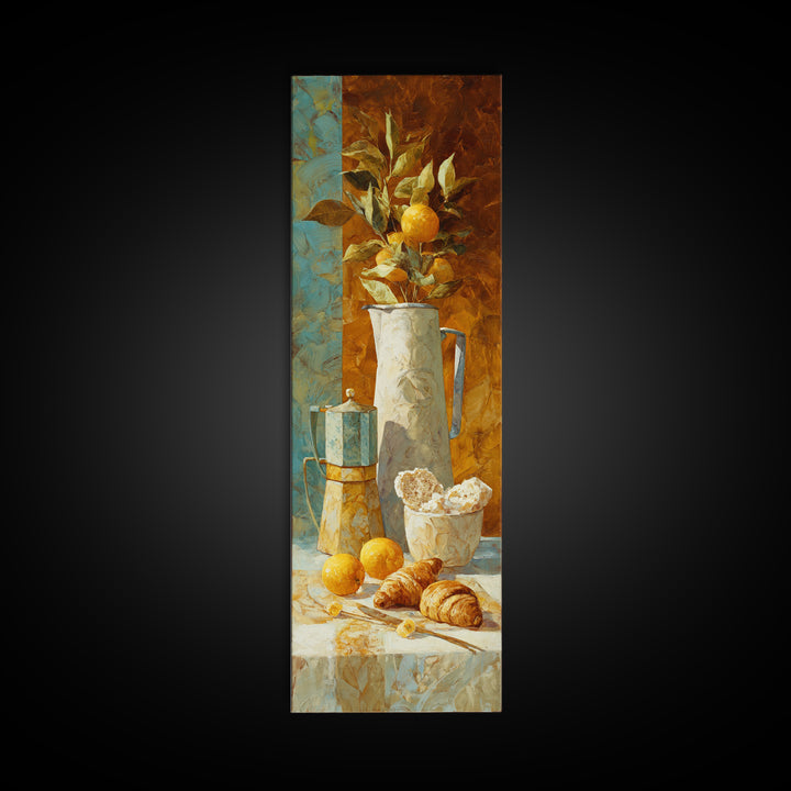 Coffee Pot and Croissant Morning Still Life Framed Canvas Print, Kitchen Art, Dining Room Wall Art, Kitchen Decor, Oil Painting, KIT-1x3-91