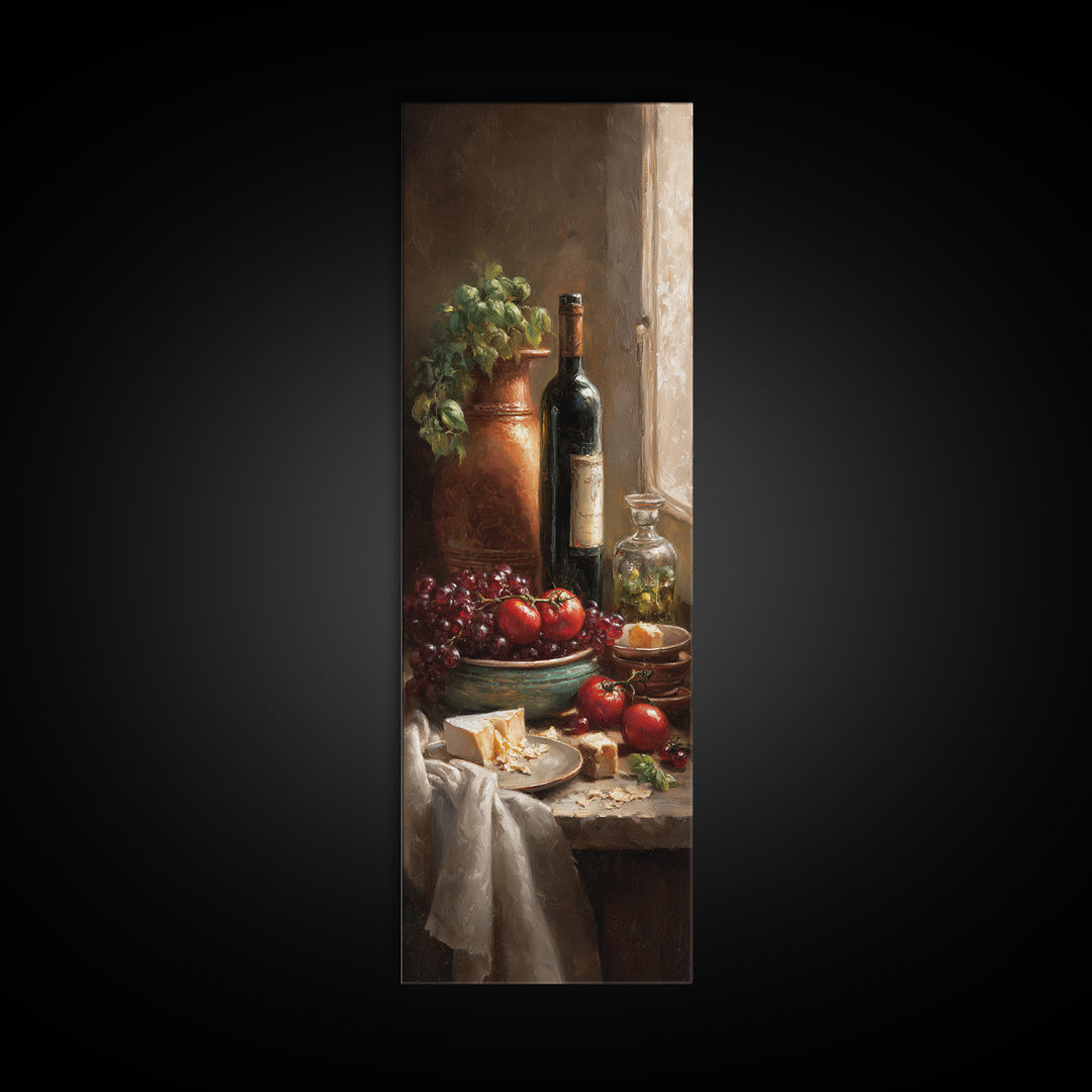 Wine Bottle Grapes and Cheese Still Life Framed Canvas Print, Kitchen Art, Kitchen Wall Decor, Kitchen Decor, Abstract Art, KIT-1x3-96
