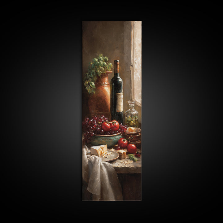 Wine Bottle Grapes and Cheese Still Life Framed Canvas Print, Kitchen Art, Kitchen Wall Decor, Kitchen Decor, Abstract Art, KIT-1x3-96
