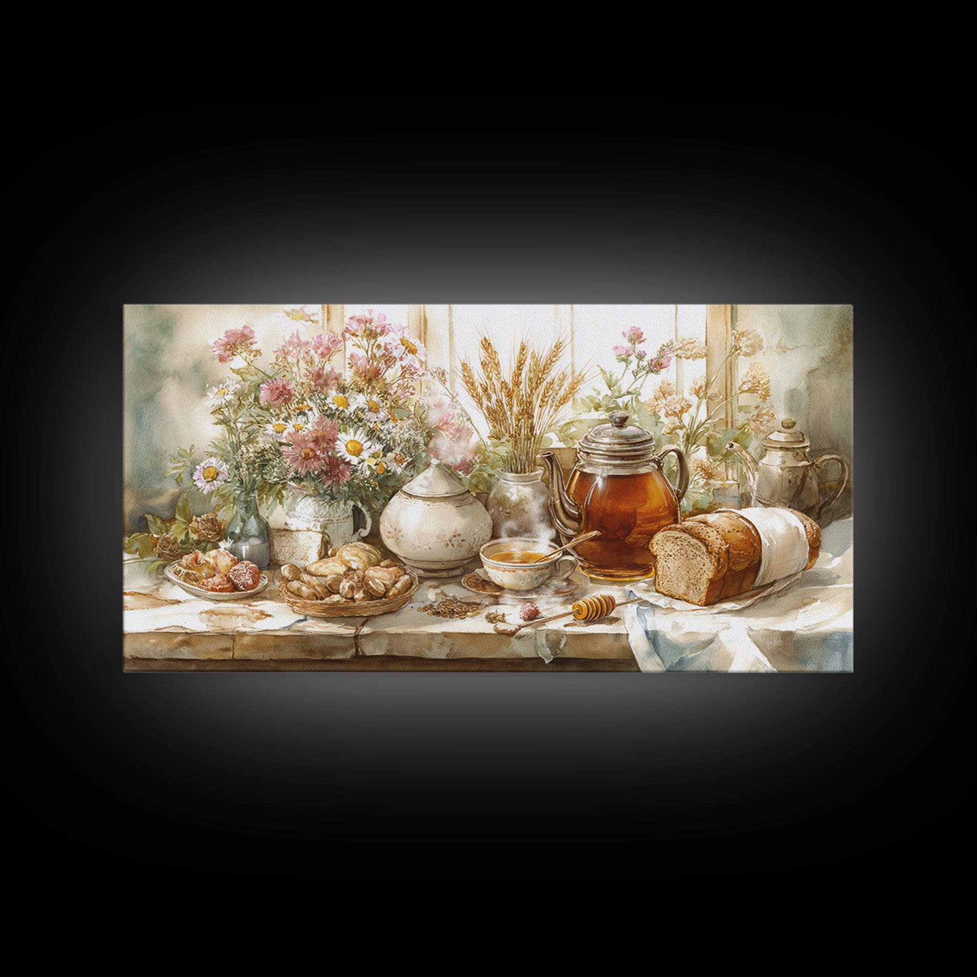 Tea Kettle with Steam and Wildflowers Framed Canvas Print, Kitchen Art, Art Print, Kitchen Decor, Watercolor Art, Kitchen, KIT-2x1-10