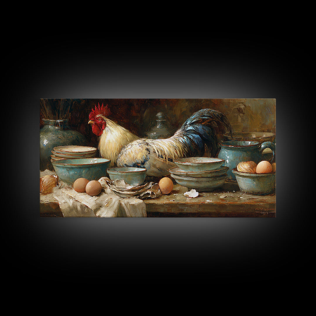 Rooster Portrait for Country Kitchen Charm Framed Canvas Print, Kitchen Art, Art Print, Kitchen Decor, Oil Painting, Kitchen, KIT-2x1-12