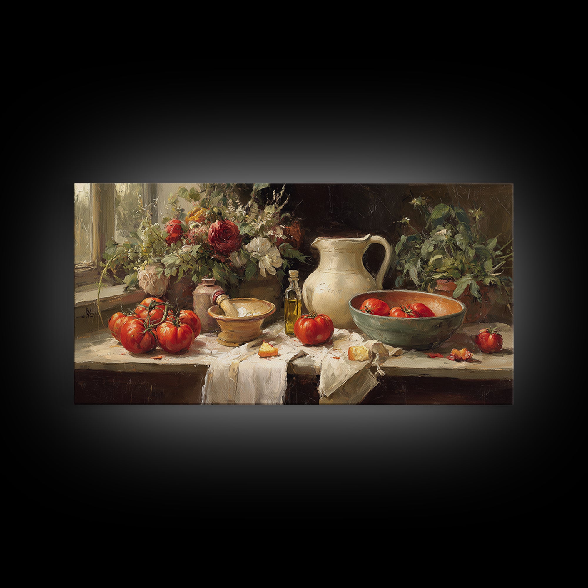 Floral Bouquet in a Kitchen Pitcher Framed Canvas Print, Kitchen Art, Statement Artwork, Kitchen Decor, Fine Art, Kitchen, KIT-2x1-20