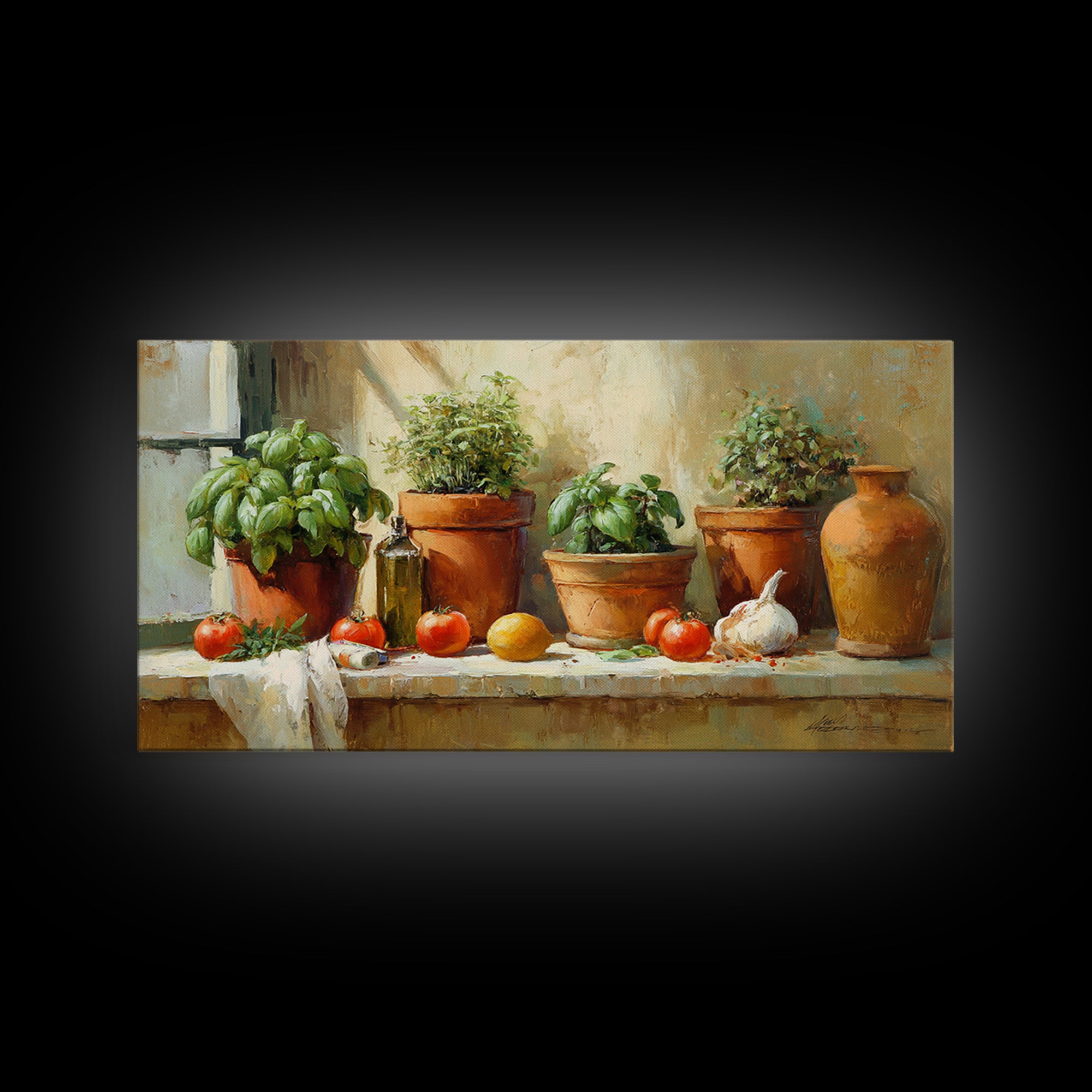 Fresh Herbs in Terracotta Pots Canvas Print, Kitchen Art, Wall Art, Kitchen Decor, Oil Painting, Kitchen, Kitchen Wall Art, KIT-2x1-21