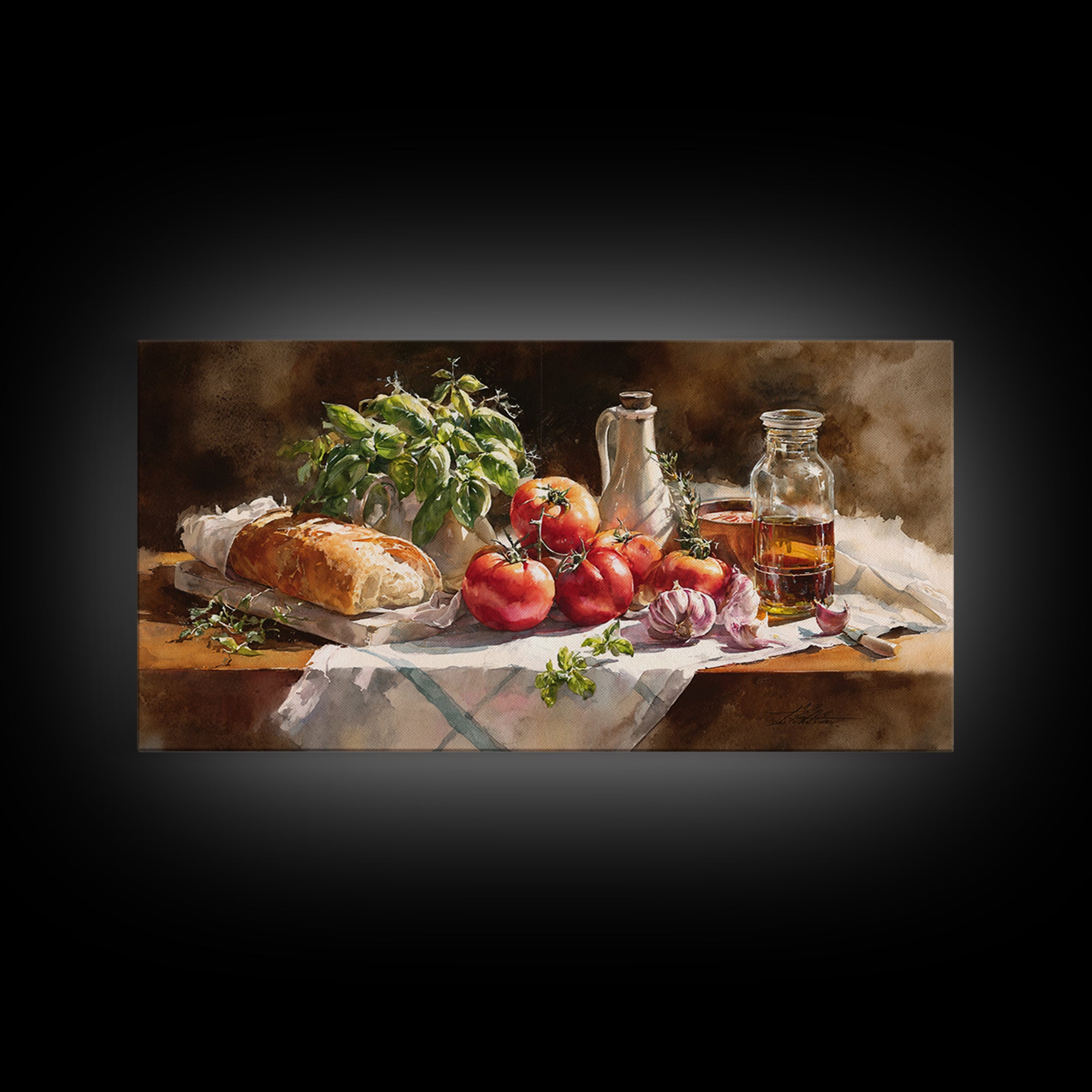 Tomatoes Garlic and Basil on Linen Framed Canvas Print, Kitchen Art, Print, Kitchen Decor, Abstract Art, Kitchen, KIT-2x1-23